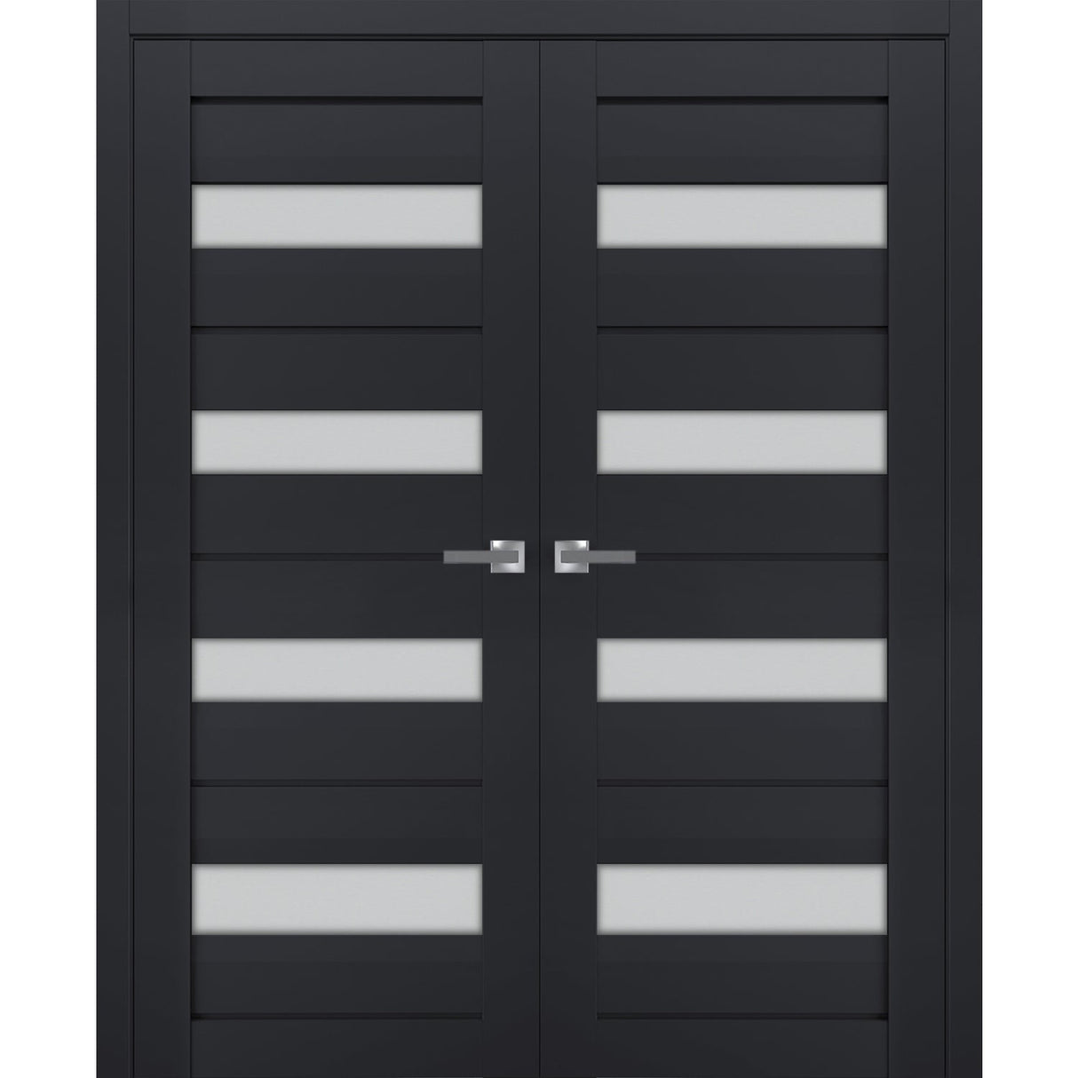 Interior Solid French Double Doors | Veregio 7455 Antracite with Frosted Glass | Wood Solid Panel Frame Trims | Closet Bedroom Sturdy Doors