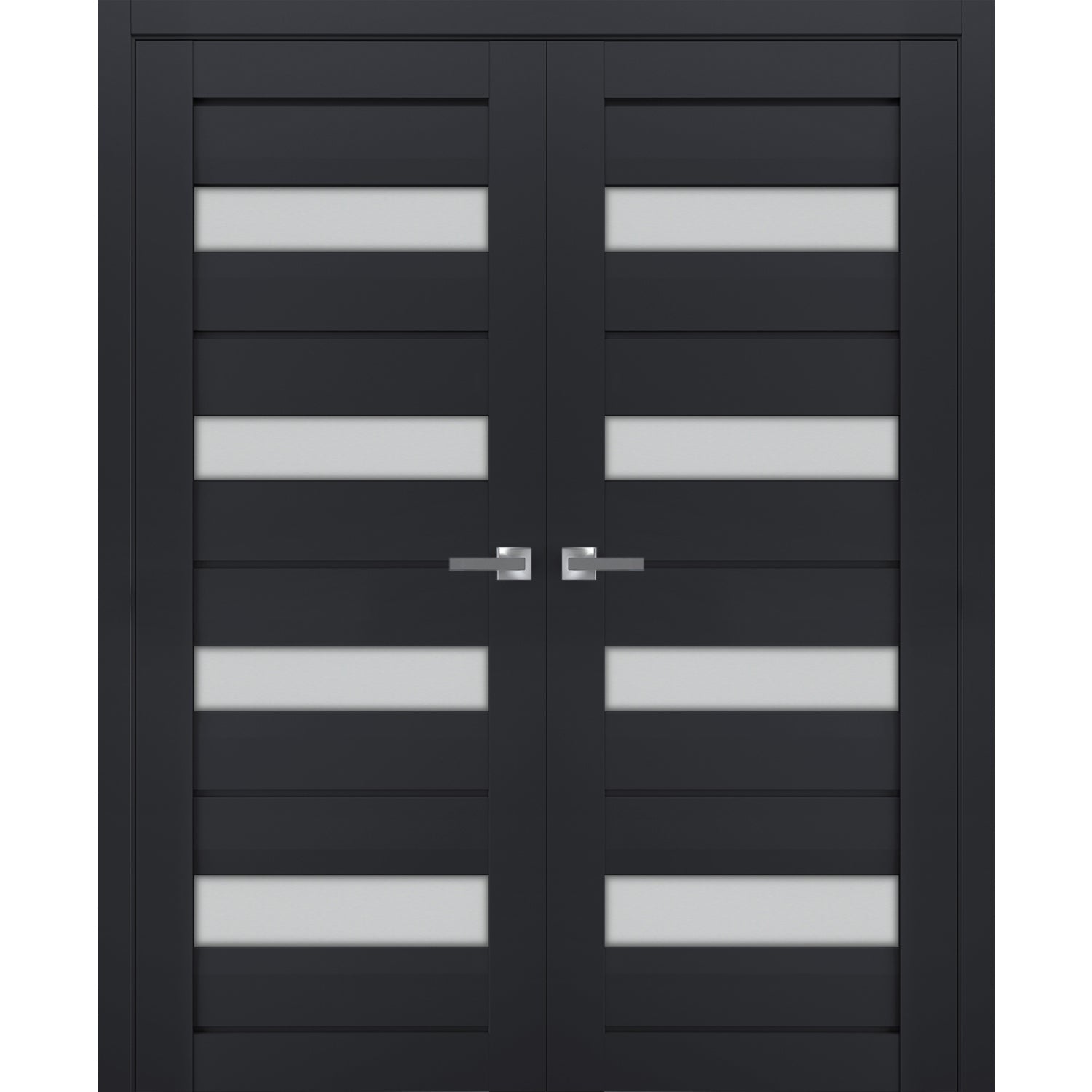Interior Solid French Double Doors | Veregio 7455 Antracite with Frosted Glass | Wood Solid Panel Frame Trims | Closet Bedroom Sturdy Doors