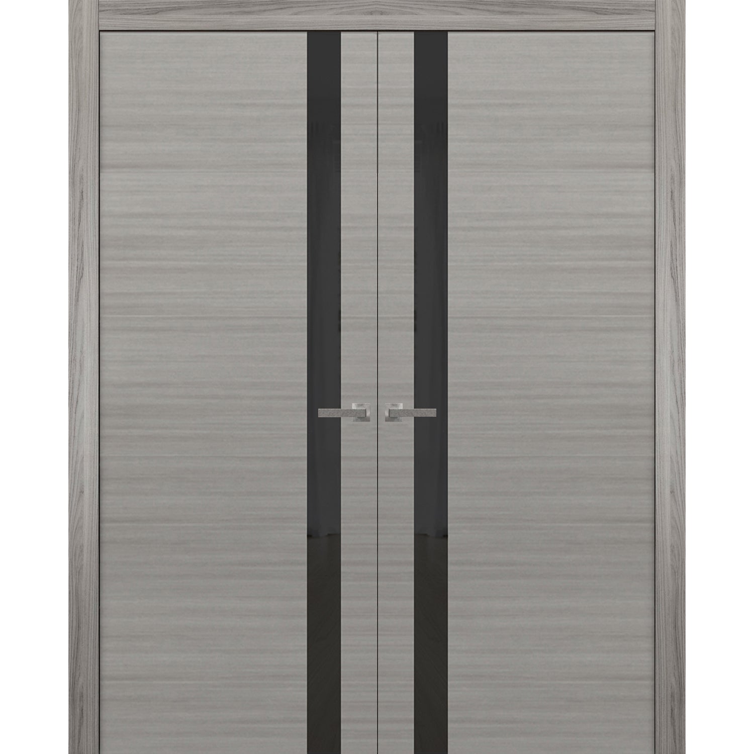 Solid French Double Doors | Planum 0040 Grey Ash with Black Glass | Wood Solid Panel Frame Trims | Closet Bedroom Sturdy Doors