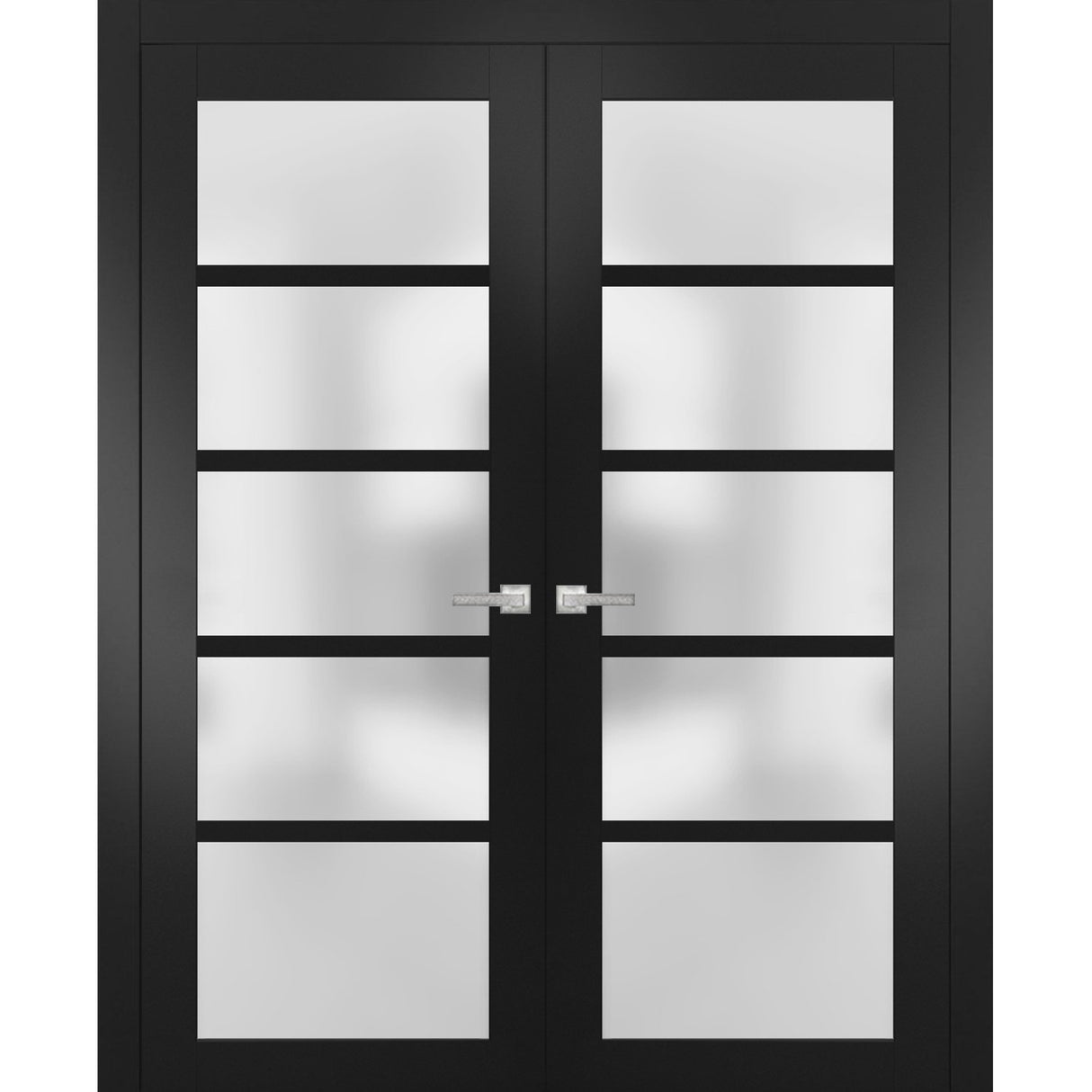 Solid French Double Doors | Quadro 4002 Matte Black with Frosted Glass | Wood Solid Panel Frame Trims | Closet Bedroom Sturdy Doors