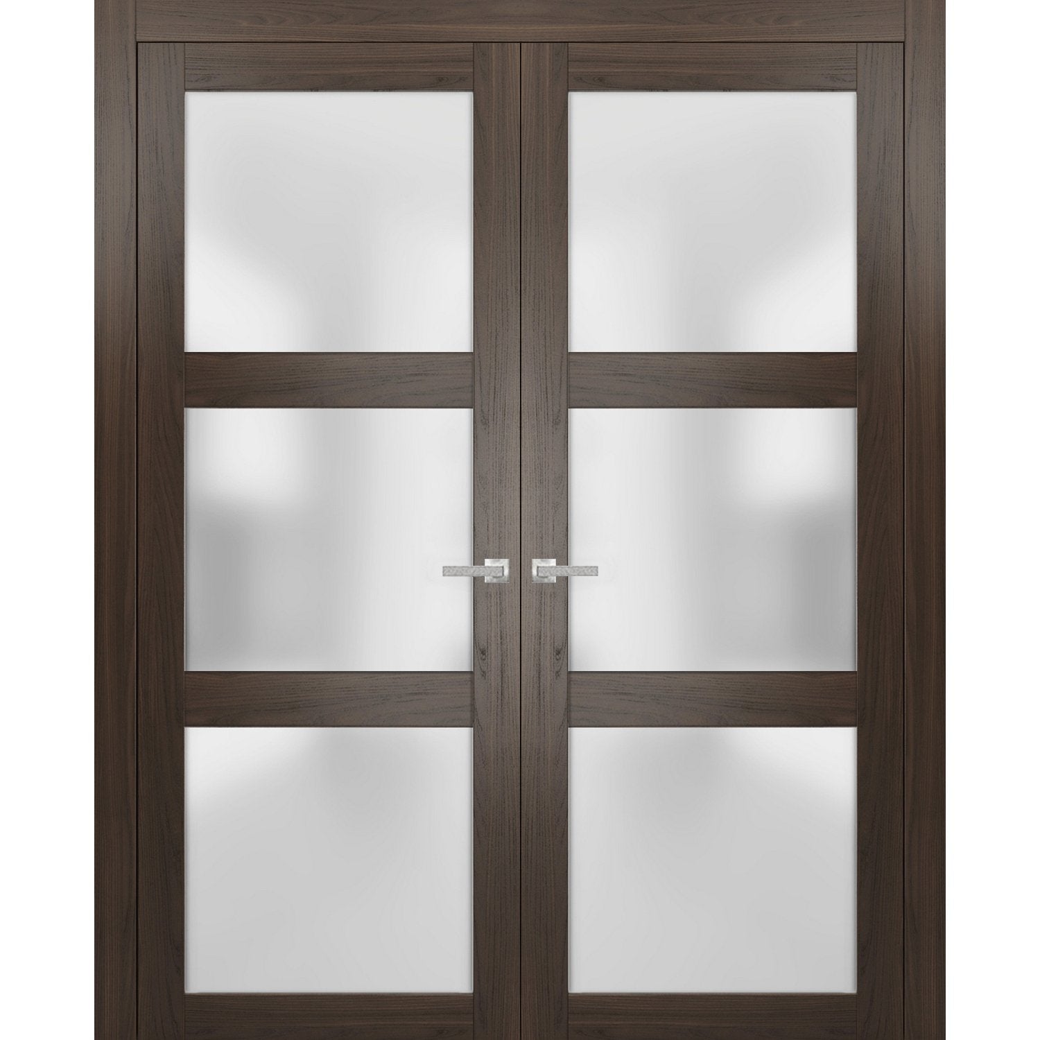 Solid French Double Doors | Lucia 2552 Chocolate Ash with Frosted Glass | Wood Solid Panel Frame Trims | Closet Bedroom Sturdy Doors