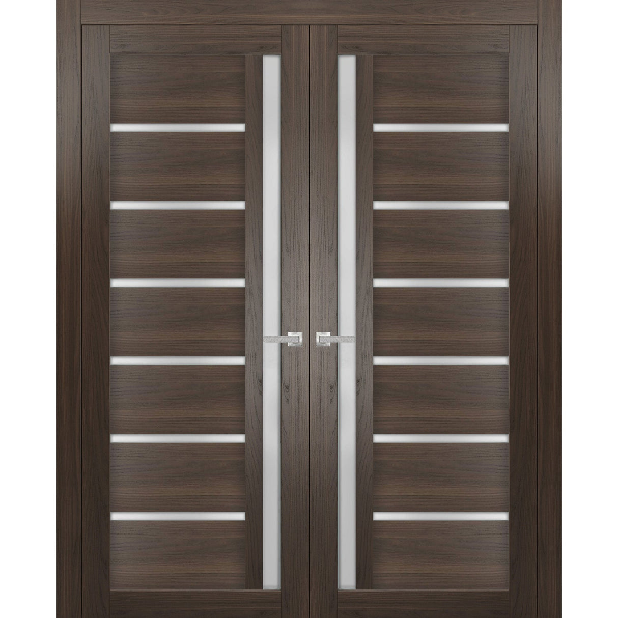 Solid French Double Doors | Quadro 4088 Chocolate Ash with Frosted Glass | Wood Solid Panel Frame Trims | Closet Bedroom Sturdy Doors
