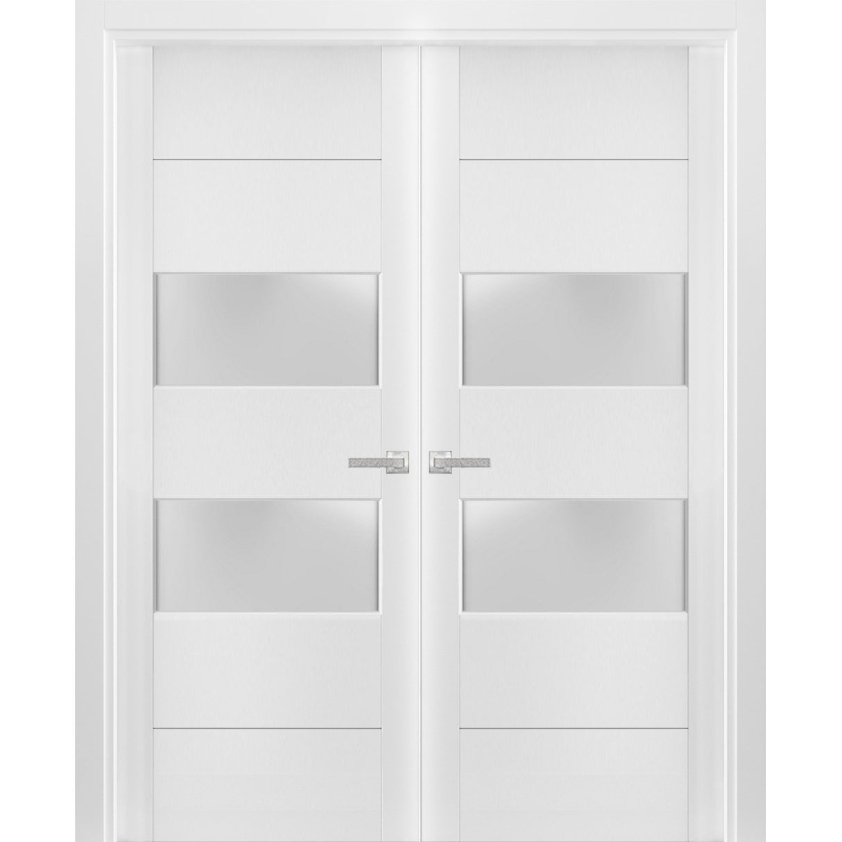 Solid French Double Doors 2 lites | Lucia 4010 White Silk with Frosted Glass | Wood Solid Panel Frame Trims | Closet Bedroom Sturdy Doors