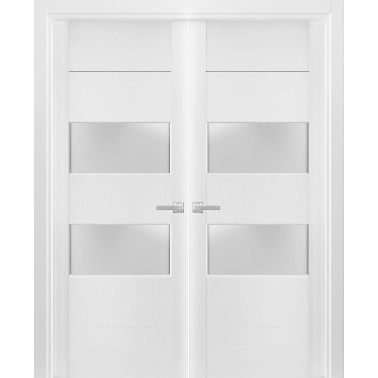 Solid French Double Doors 2 lites | Lucia 4010 White Silk with Frosted Glass | Wood Solid Panel Frame Trims | Closet Bedroom Sturdy Doors