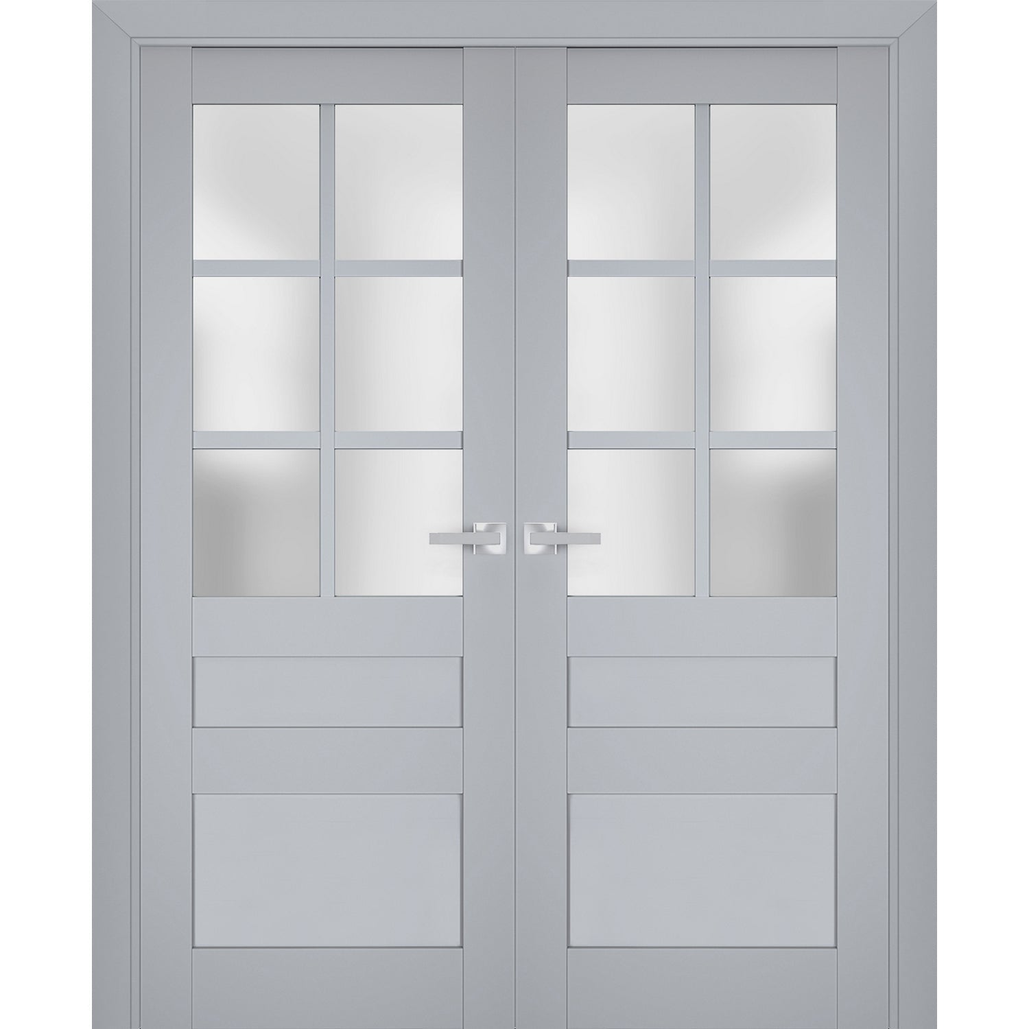 Interior Solid French Double Doors | Veregio 7339 Matte Grey with Frosted Glass | Wood Solid Panel Frame Trims | Closet Bedroom Sturdy Doors