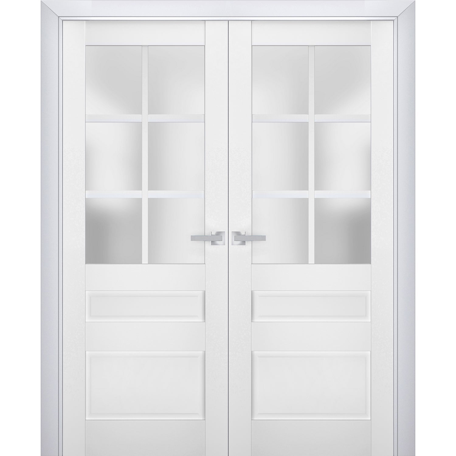 Interior Solid French Double Doors | Veregio 7339 White Silk with Frosted Glass | Wood Solid Panel Frame Trims | Closet Bedroom Sturdy Doors