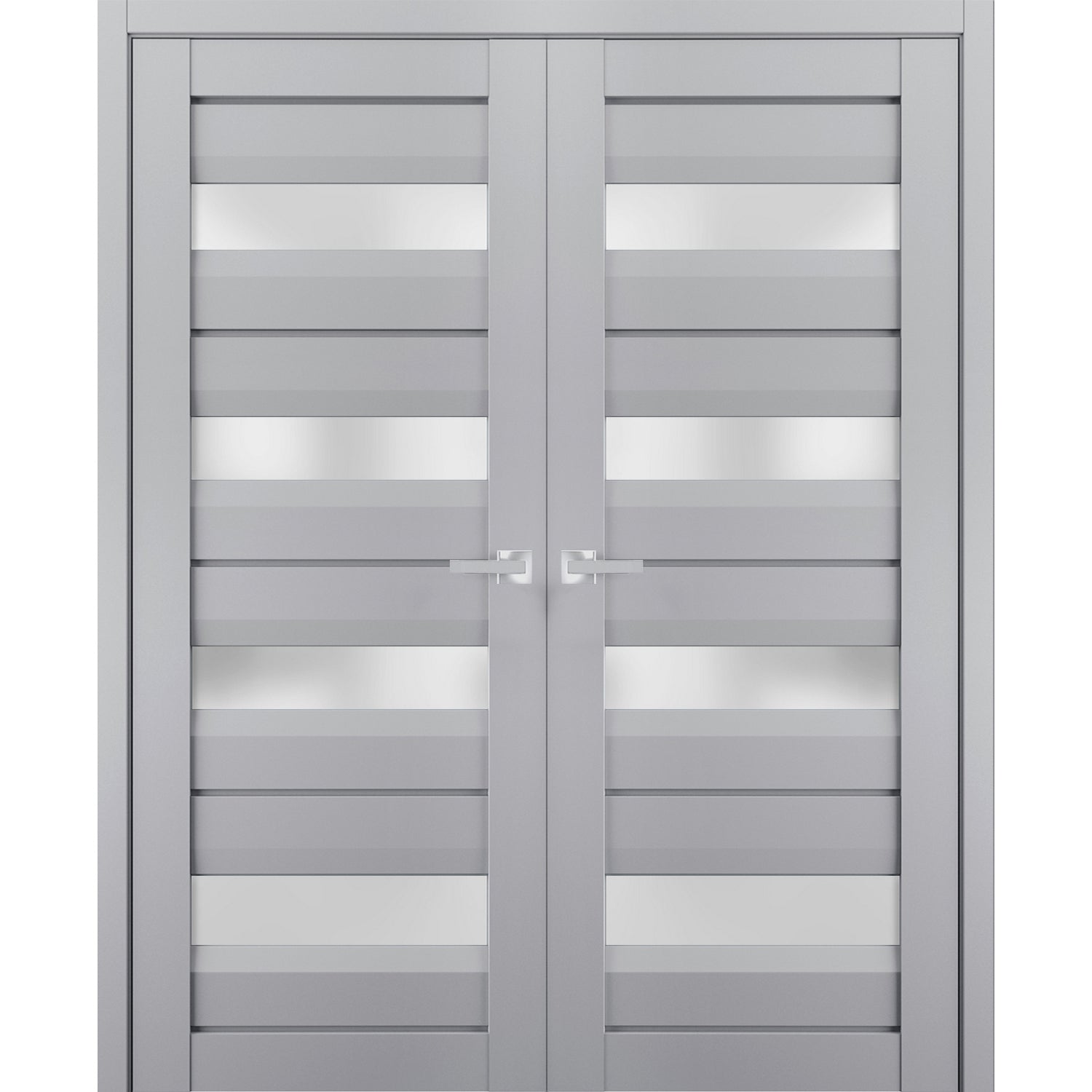 Interior Solid French Double Doors | Veregio 7455 Matte Grey with Frosted Glass | Wood Solid Panel Frame Trims | Closet Bedroom Sturdy Doors