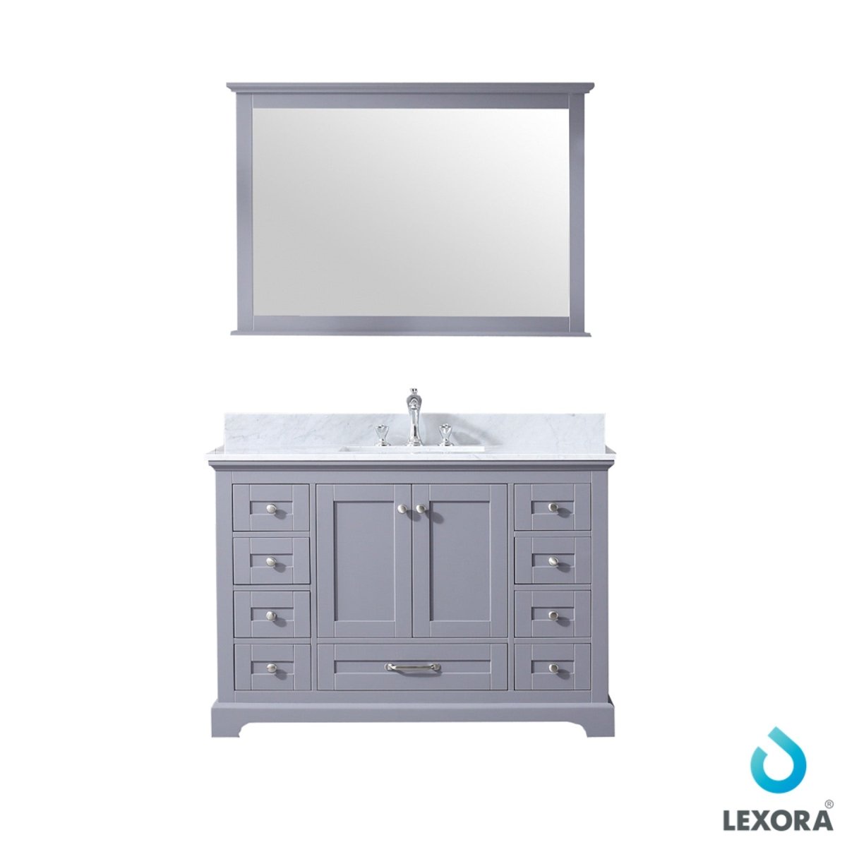 Dukes 48" Dark Grey Single Vanity, White Carrara Marble Top, White Square Sink and 46" Mirror w/ Faucet - BUILDMYPLACE