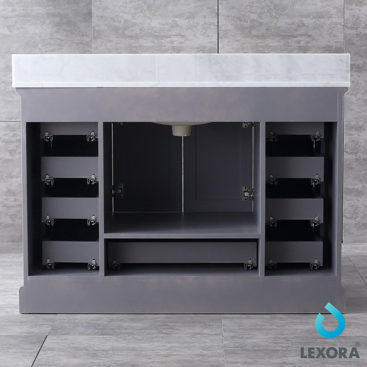 Dukes 48" Dark Grey Single Vanity, White Carrara Marble Top, White Square Sink and 46" Mirror w/ Faucet - BUILDMYPLACE