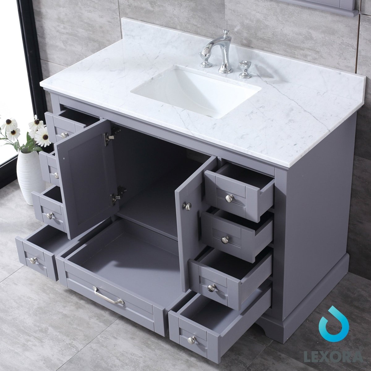 Dukes 48" Dark Grey Single Vanity, White Carrara Marble Top, White Square Sink and 46" Mirror w/ Faucet - BUILDMYPLACE