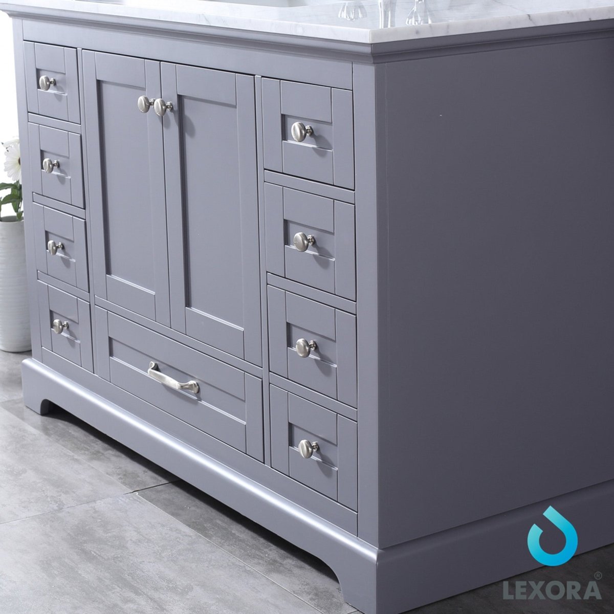 Dukes 48" Dark Grey Single Vanity, White Carrara Marble Top, White Square Sink and 46" Mirror w/ Faucet - BUILDMYPLACE