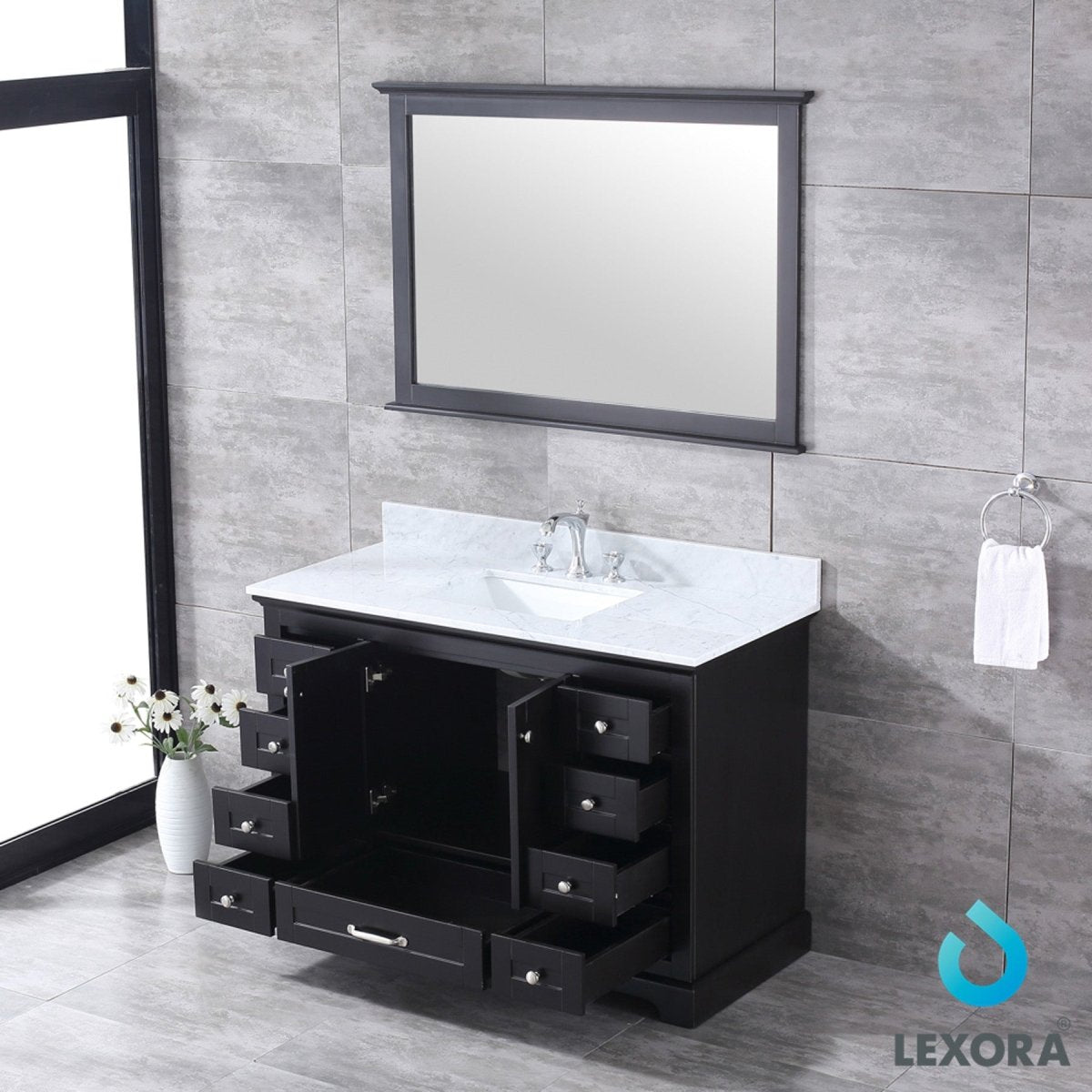 Dukes 48" Espresso Single Vanity, White Carrara Marble Top, White Square Sink and 46" Mirror - BUILDMYPLACE
