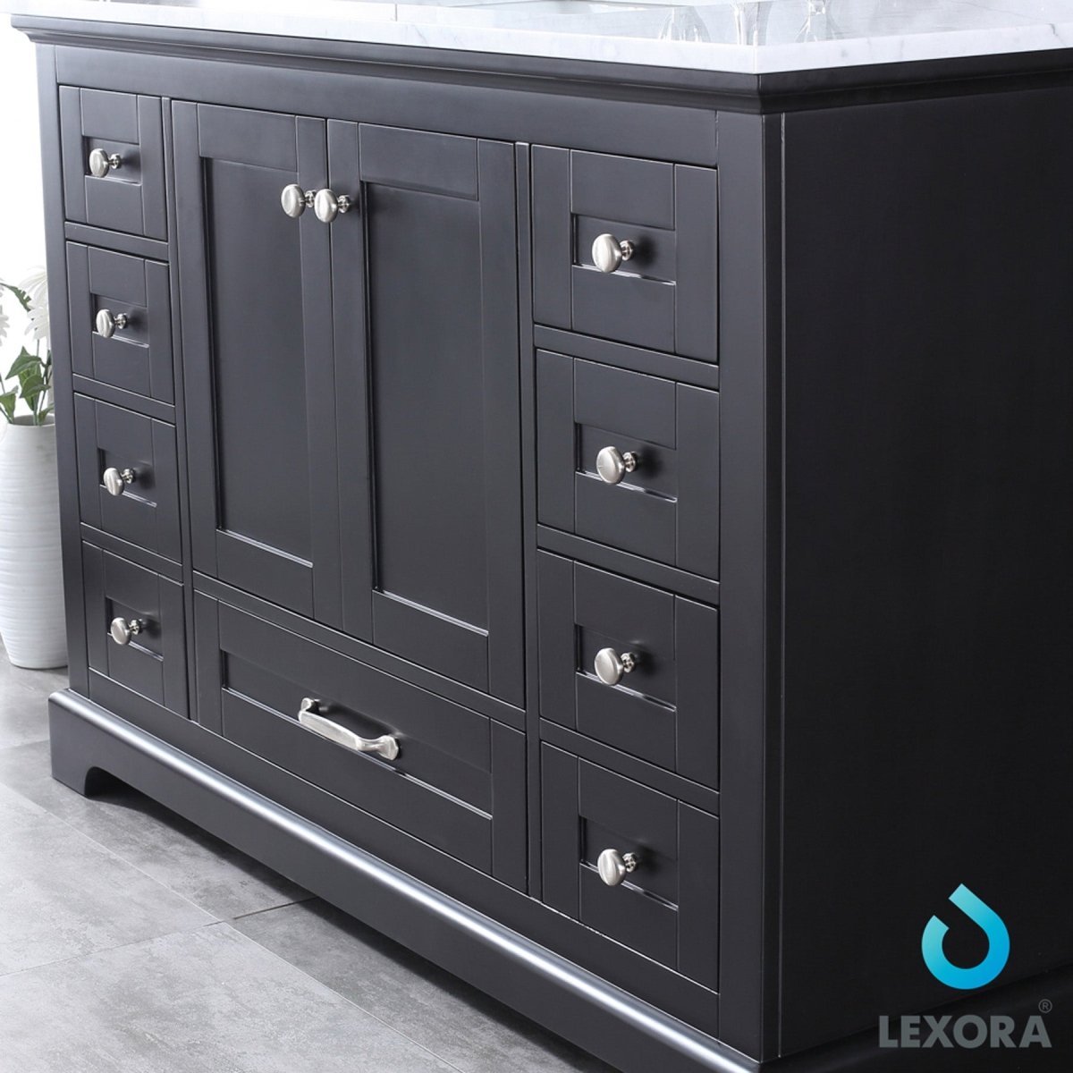 Dukes 48" Espresso Single Vanity, White Carrara Marble Top, White Square Sink and 46" Mirror - BUILDMYPLACE