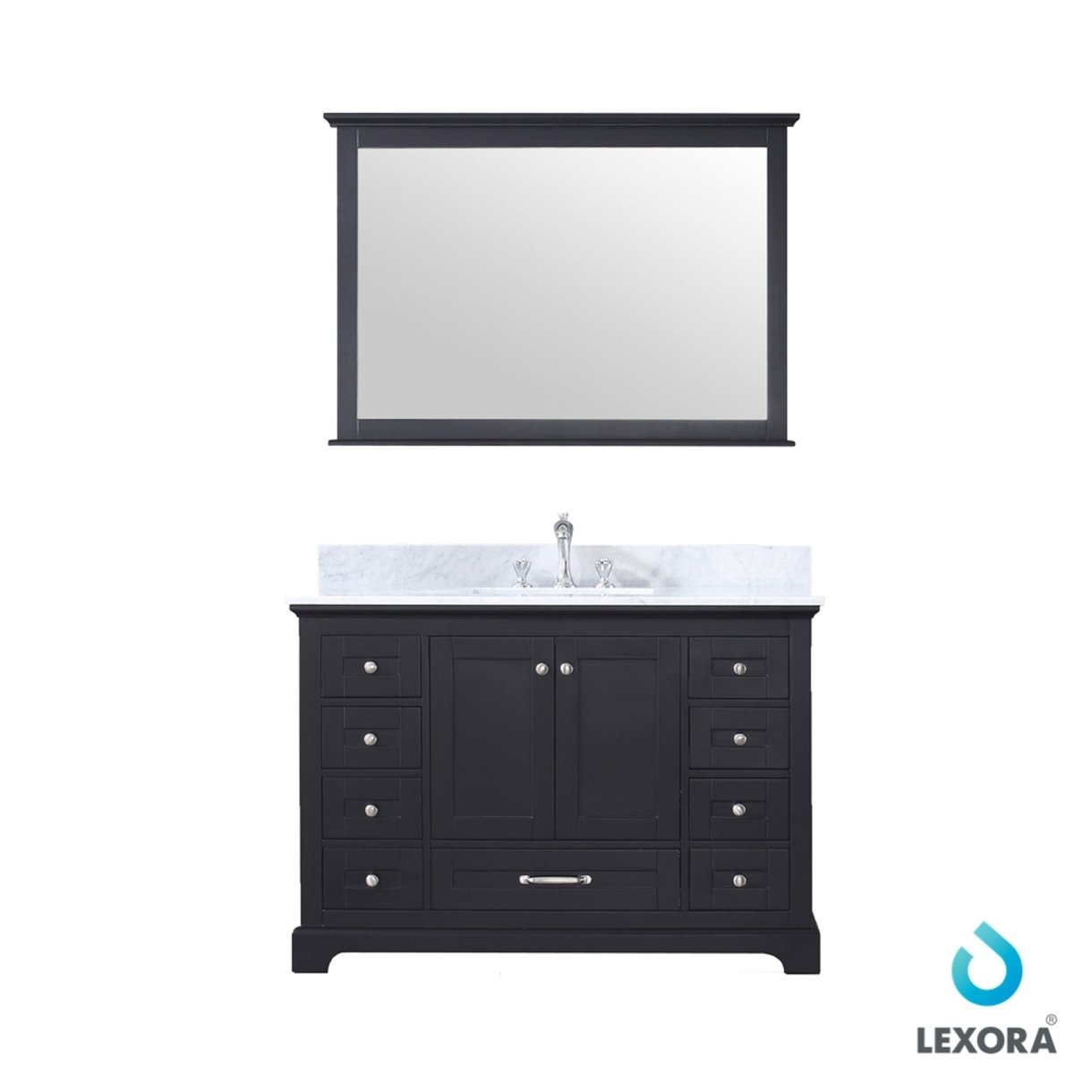 Dukes 48" Espresso Single Vanity, White Carrara Marble Top, White Square Sink and 46" Mirror w/ Faucet - BUILDMYPLACE