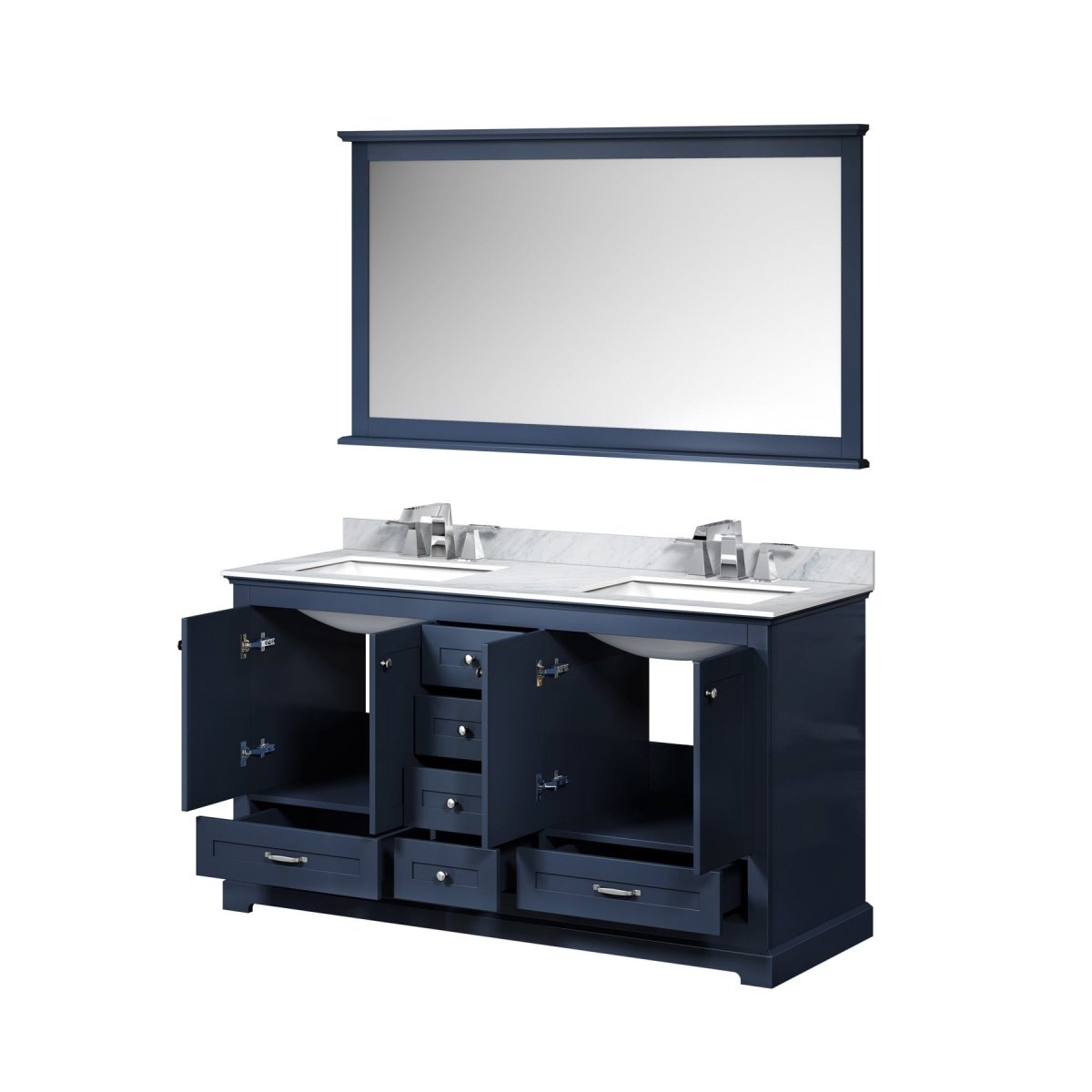 Dukes 60" Navy Blue Double Vanity, White Carrara Marble Top, White Square Sinks and 58" Mirror - BUILDMYPLACE