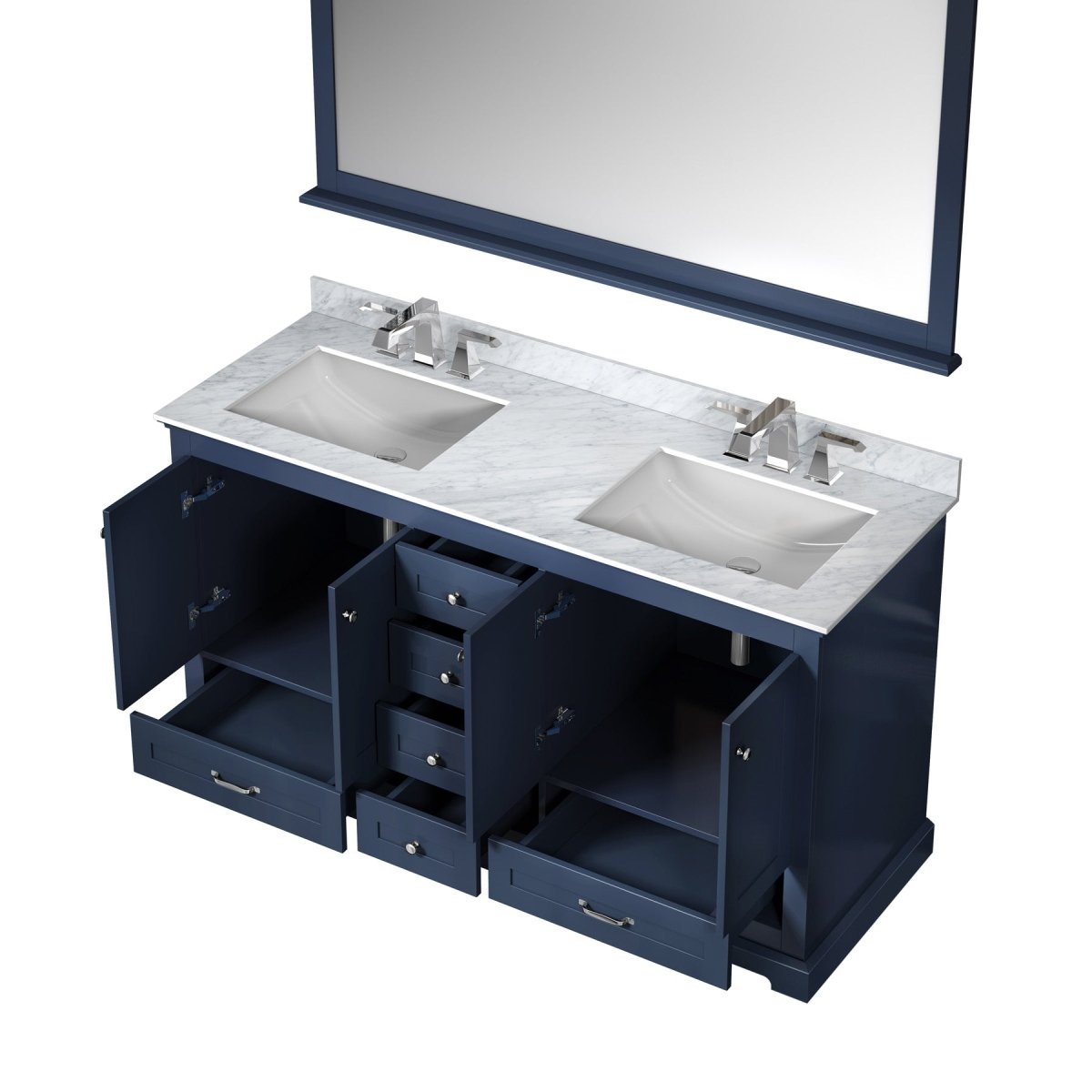 Dukes 60" Navy Blue Double Vanity, White Carrara Marble Top, White Square Sinks and 58" Mirror - BUILDMYPLACE