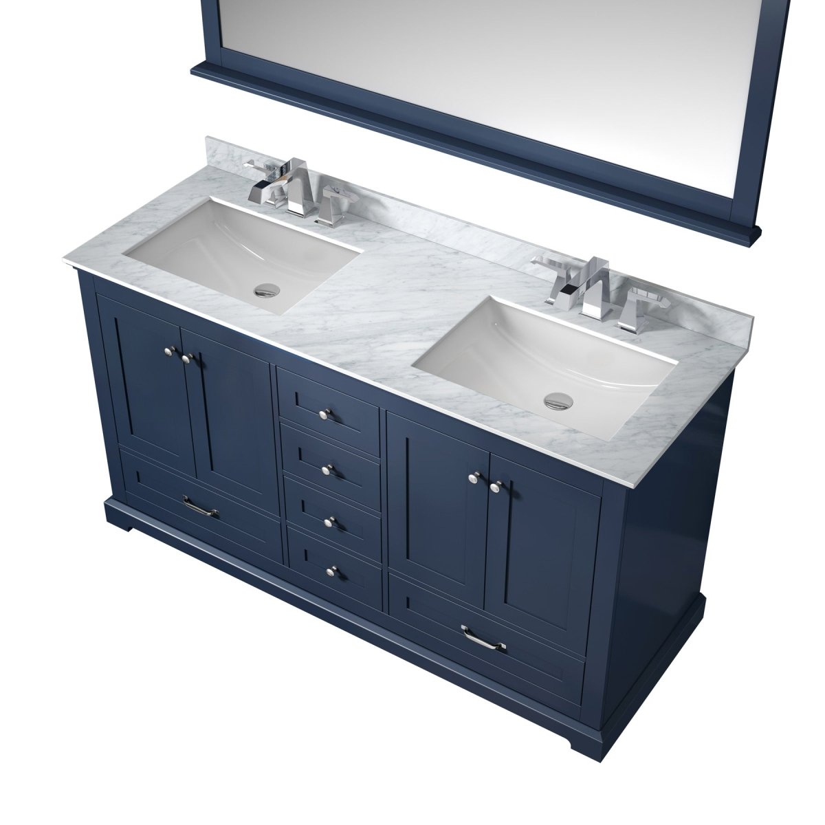 Dukes 60" Navy Blue Double Vanity, White Carrara Marble Top, White Square Sinks and 58" Mirror - BUILDMYPLACE