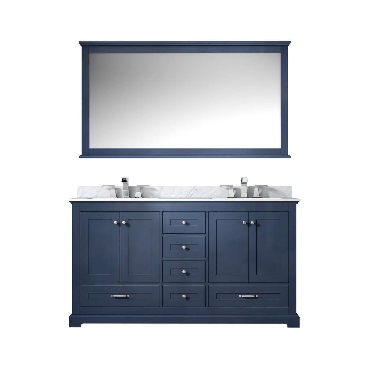 Dukes 60" Navy Blue Double Vanity, White Carrara Marble Top, White Square Sinks and 58" Mirror w/ Faucets - BUILDMYPLACE