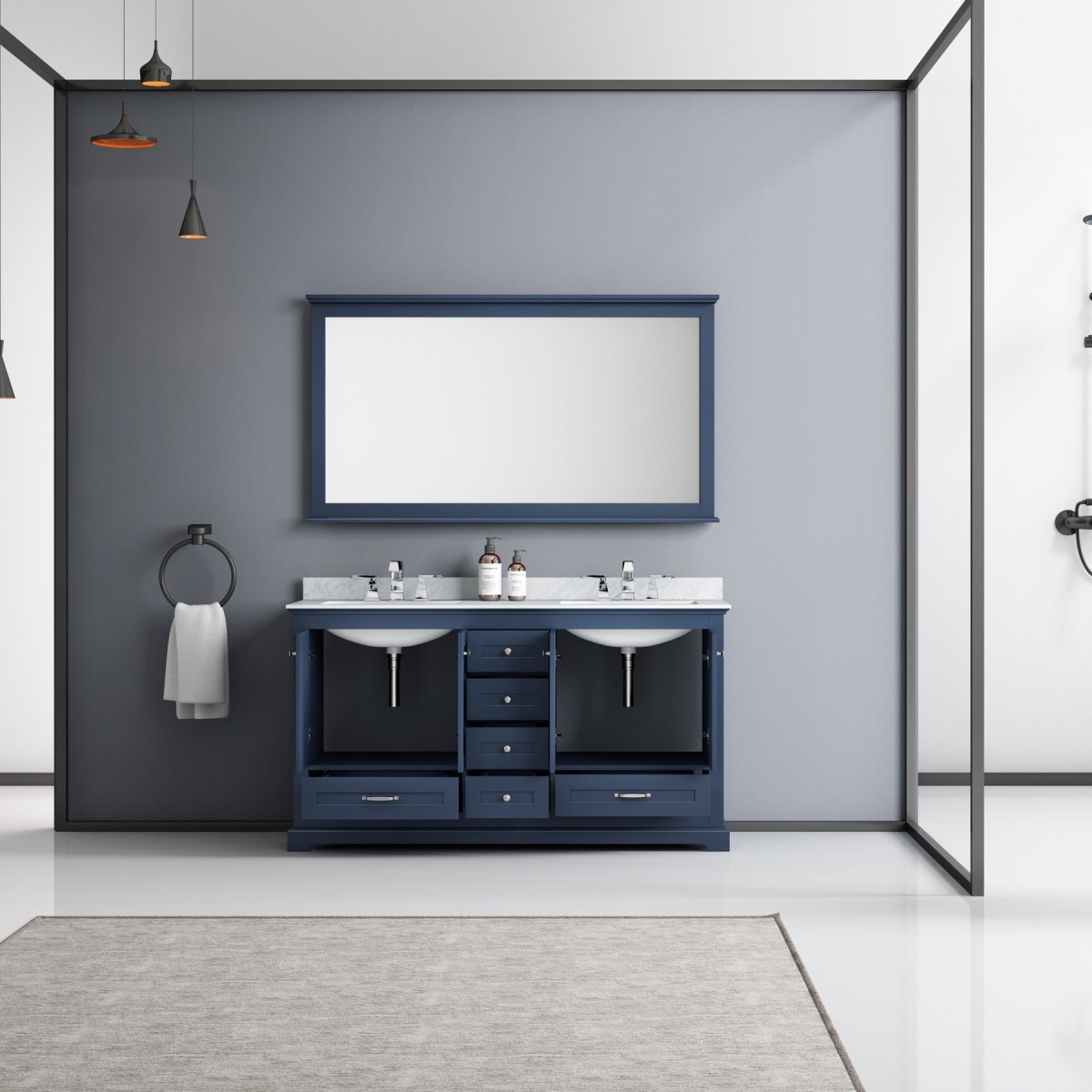 Dukes 60" Navy Blue Double Vanity, White Carrara Marble Top, White Square Sinks and 58" Mirror w/ Faucets - BUILDMYPLACE