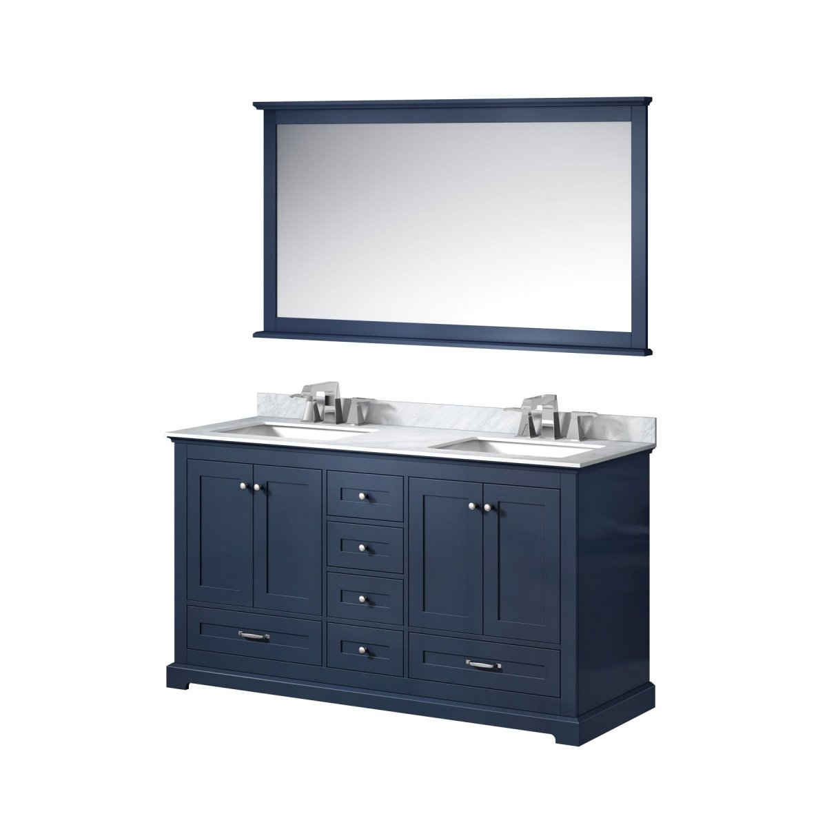 Dukes 60" Navy Blue Double Vanity, White Carrara Marble Top, White Square Sinks and 58" Mirror w/ Faucets - BUILDMYPLACE