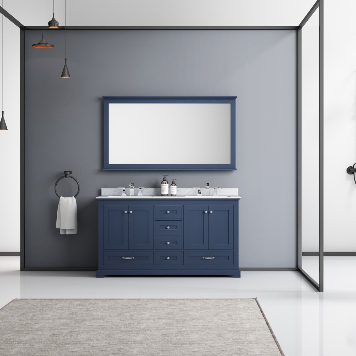 Dukes 60" Navy Blue Double Vanity, White Carrara Marble Top, White Square Sinks and 58" Mirror w/ Faucets - BUILDMYPLACE