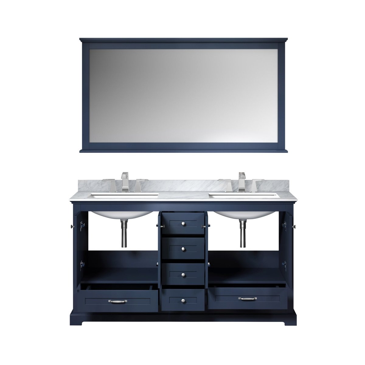 Dukes 60" Navy Blue Double Vanity, White Carrara Marble Top, White Square Sinks and 58" Mirror w/ Faucets - BUILDMYPLACE