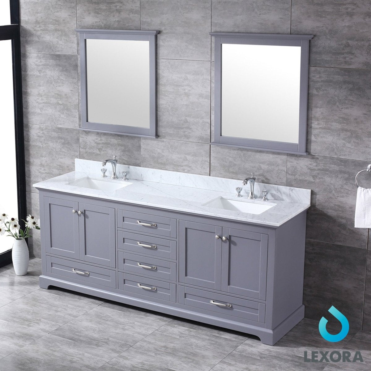 Dukes 80" Dark Grey Double Vanity, White Carrara Marble Top, White Square Sinks and 30" Mirrors - BUILDMYPLACE