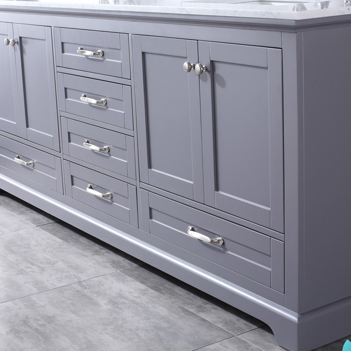 Dukes 80" Dark Grey Double Vanity, White Carrara Marble Top, White Square Sinks and 30" Mirrors - BUILDMYPLACE