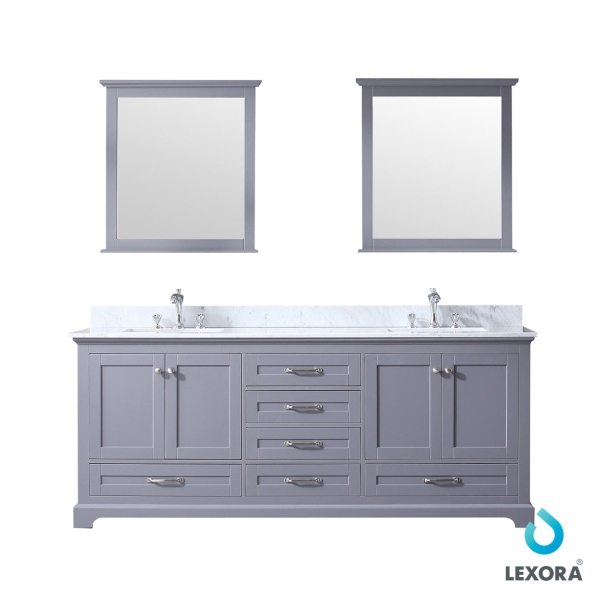 Dukes 80" Dark Grey Double Vanity, White Carrara Marble Top, White Square Sinks and 30" Mirrors w/ Faucets - BUILDMYPLACE