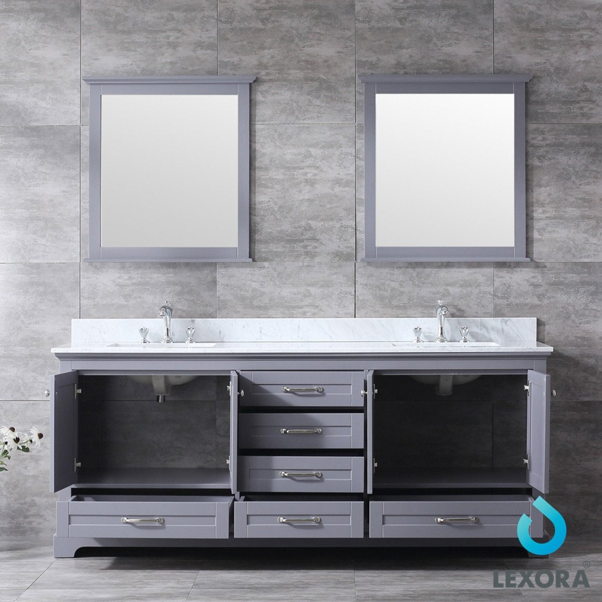 Dukes 80" Dark Grey Double Vanity, White Carrara Marble Top, White Square Sinks and 30" Mirrors w/ Faucets - BUILDMYPLACE