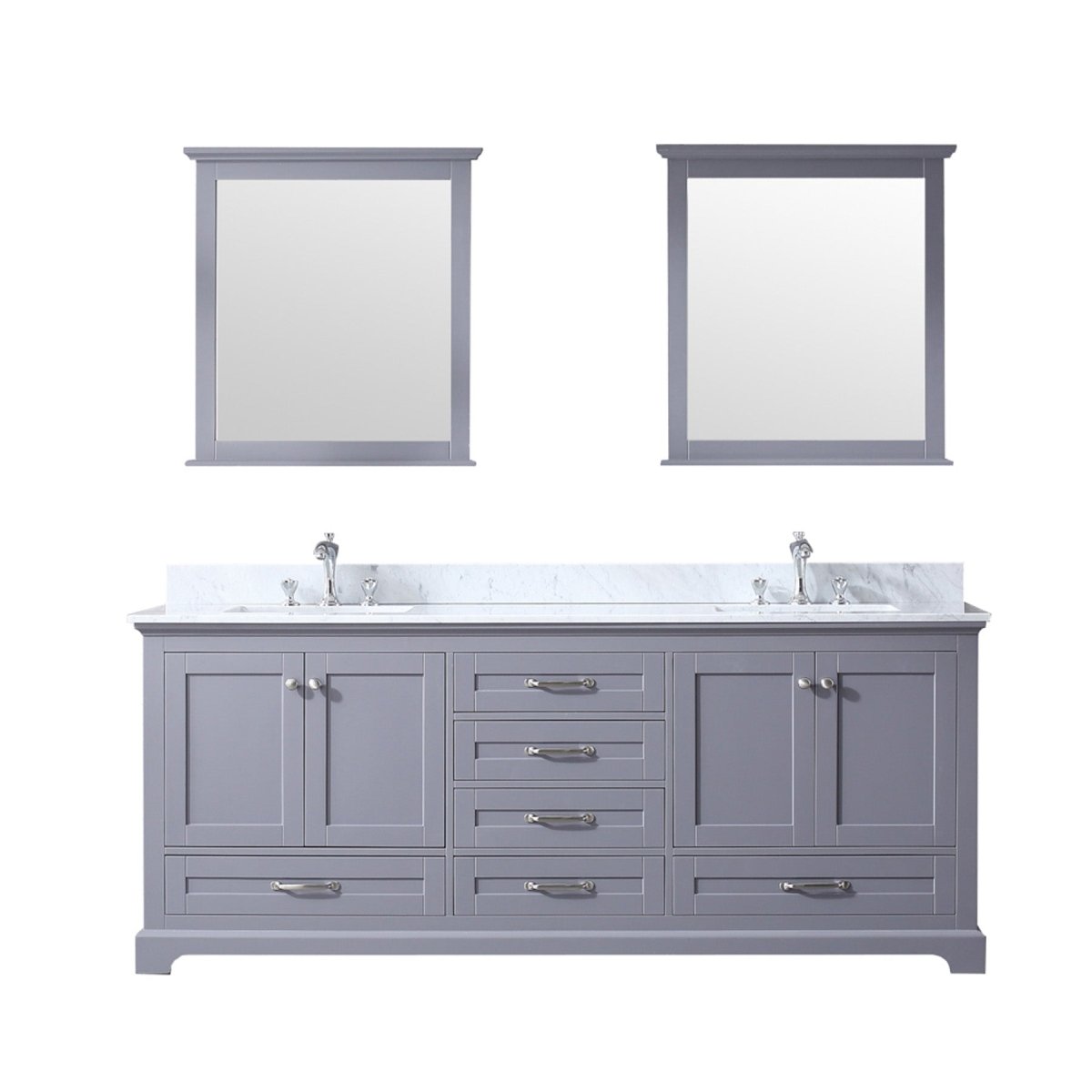 Dukes 80" Dark Grey Double Vanity, White Carrara Marble Top, White Square Sinks and 30" Mirrors w/ Faucets - BUILDMYPLACE