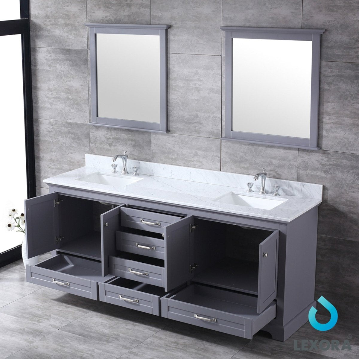 Dukes 80" Dark Grey Double Vanity, White Carrara Marble Top, White Square Sinks and 30" Mirrors w/ Faucets - BUILDMYPLACE