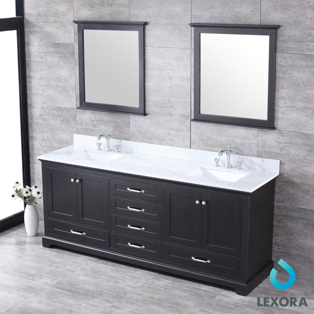 Dukes 80" Espresso Double Vanity, White Carrara Marble Top, White Square Sinks and 30" Mirrors w/ Faucets - BUILDMYPLACE