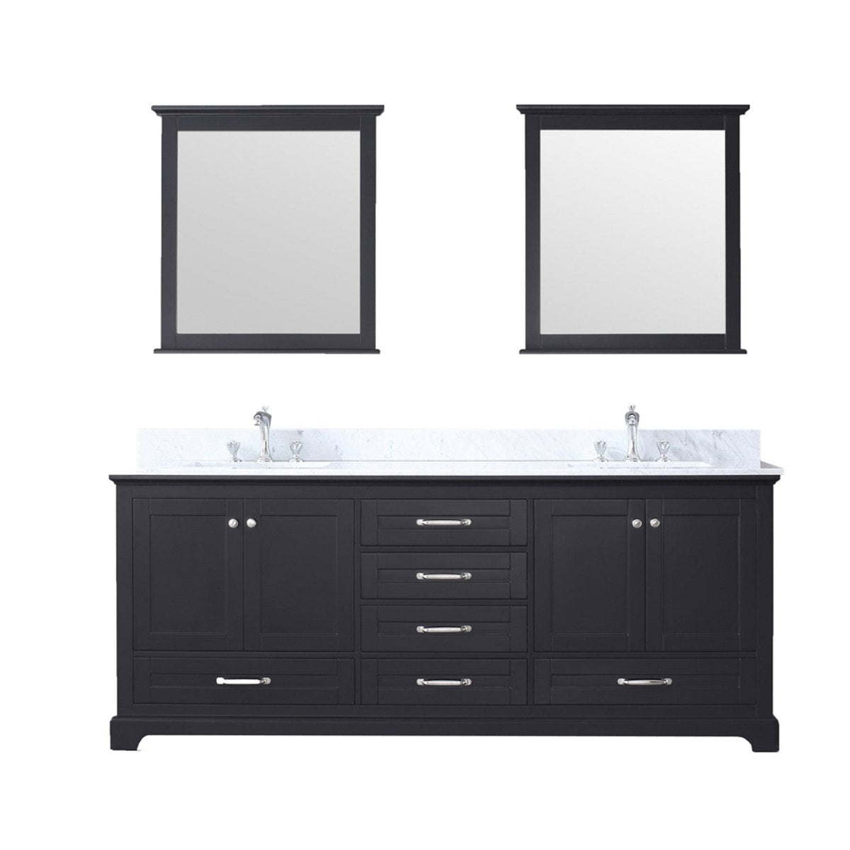 Dukes 80" Espresso Double Vanity, White Carrara Marble Top, White Square Sinks and 30" Mirrors w/ Faucets - BUILDMYPLACE