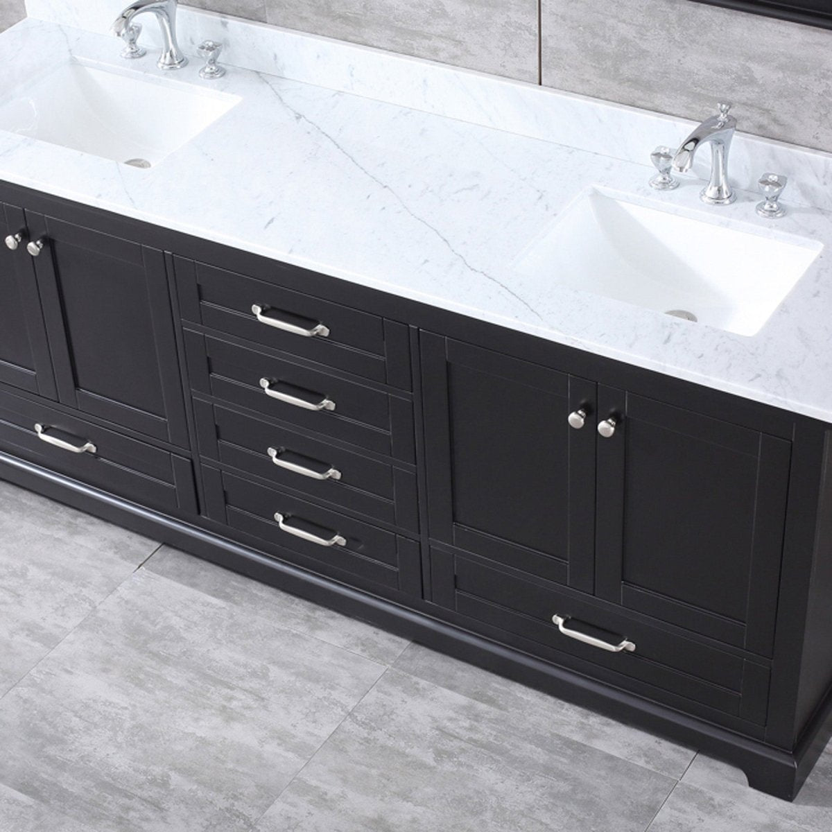 Dukes 80" Espresso Double Vanity, White Carrara Marble Top, White Square Sinks and 30" Mirrors w/ Faucets - BUILDMYPLACE