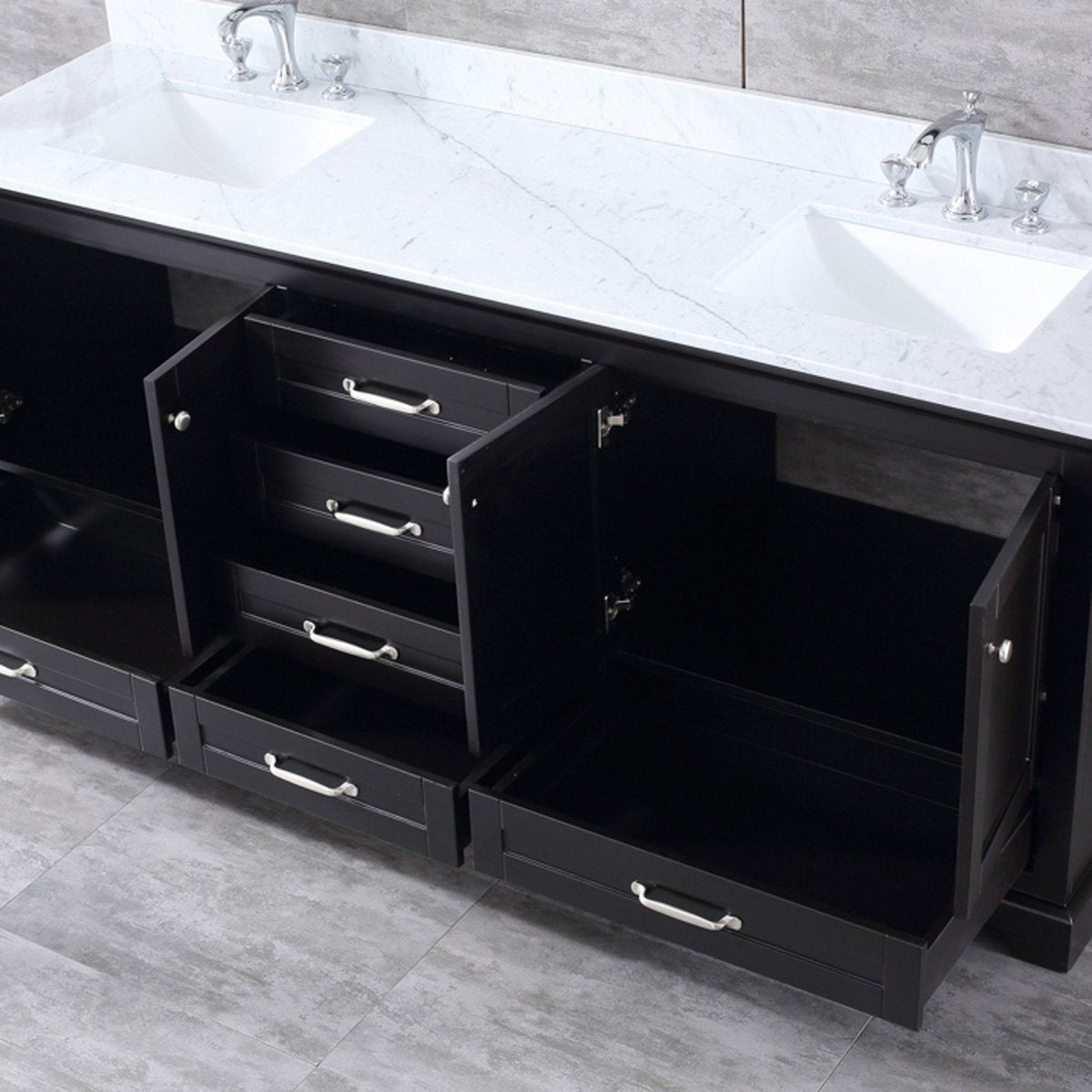 Dukes 80" Espresso Double Vanity, White Carrara Marble Top, White Square Sinks and 30" Mirrors w/ Faucets - BUILDMYPLACE