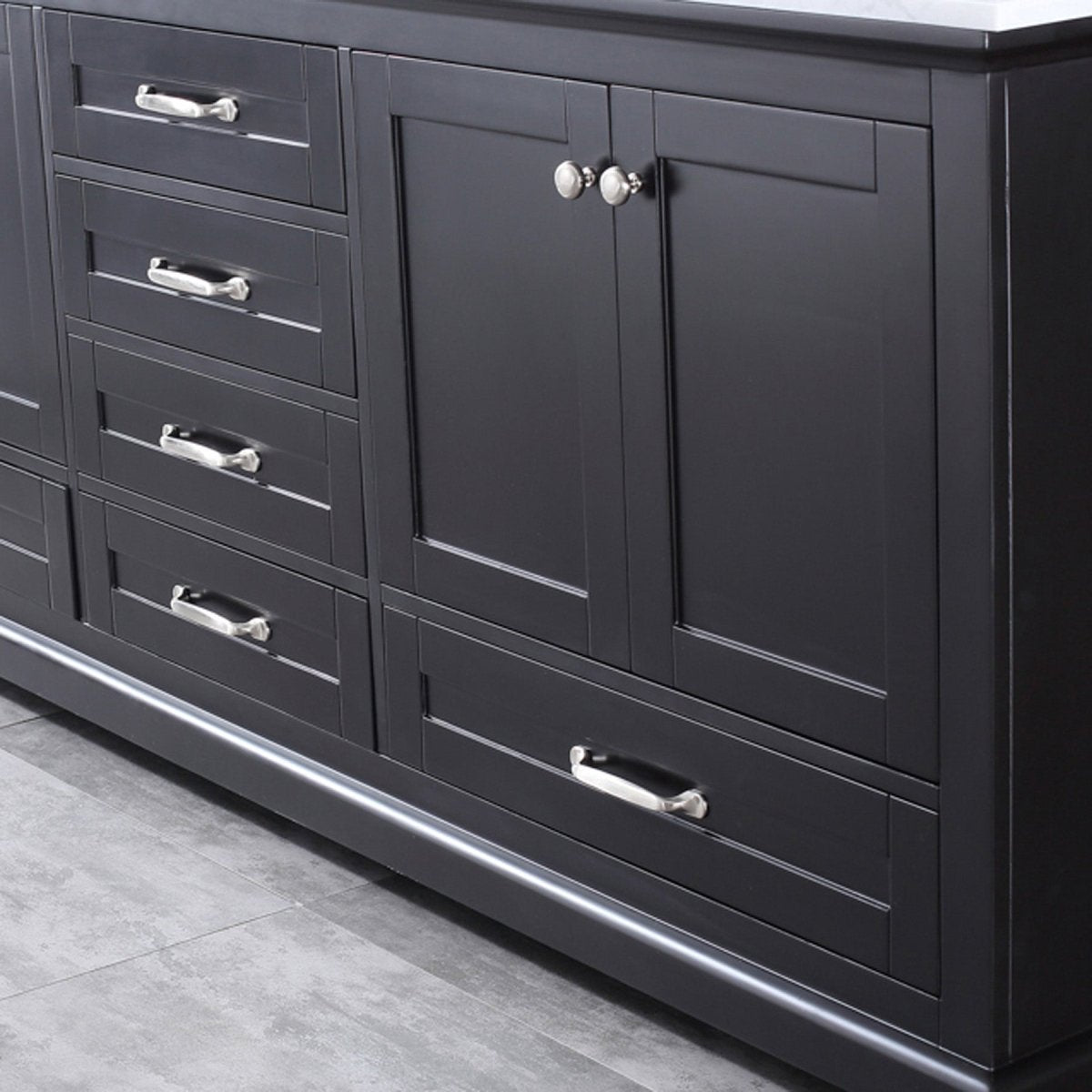 Dukes 80" Espresso Double Vanity, White Carrara Marble Top, White Square Sinks and 30" Mirrors w/ Faucets - BUILDMYPLACE