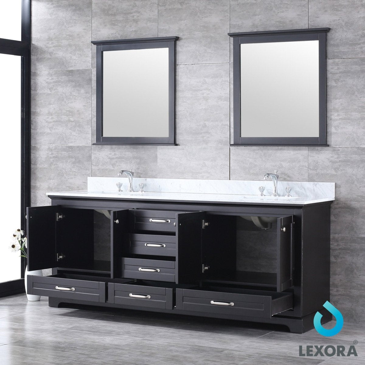 Dukes 80" Espresso Double Vanity, White Carrara Marble Top, White Square Sinks and 30" Mirrors w/ Faucets - BUILDMYPLACE