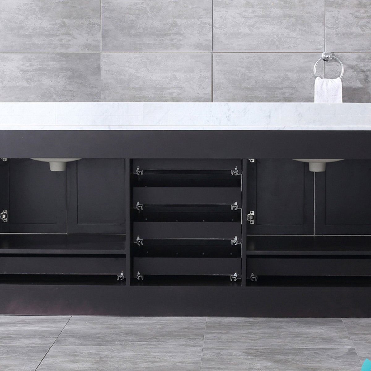 Dukes 80" Espresso Double Vanity, White Carrara Marble Top, White Square Sinks and 30" Mirrors w/ Faucets - BUILDMYPLACE