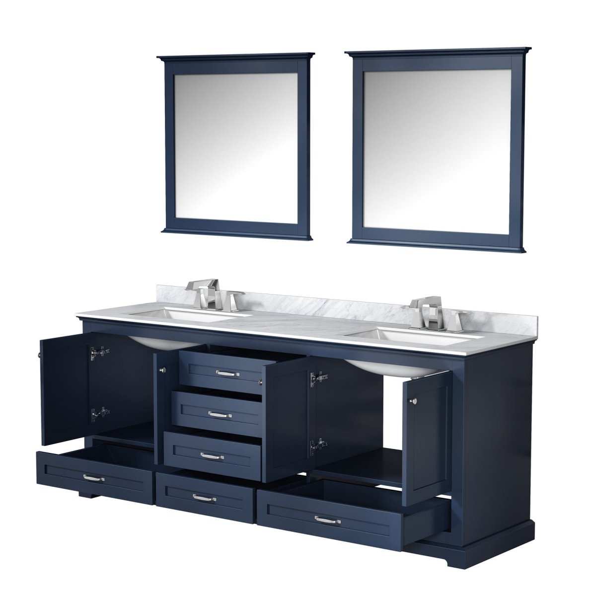 Dukes 80" Navy Blue Double Vanity, White Carrara Marble Top, White Square Sinks and 30" Mirrors - BUILDMYPLACE
