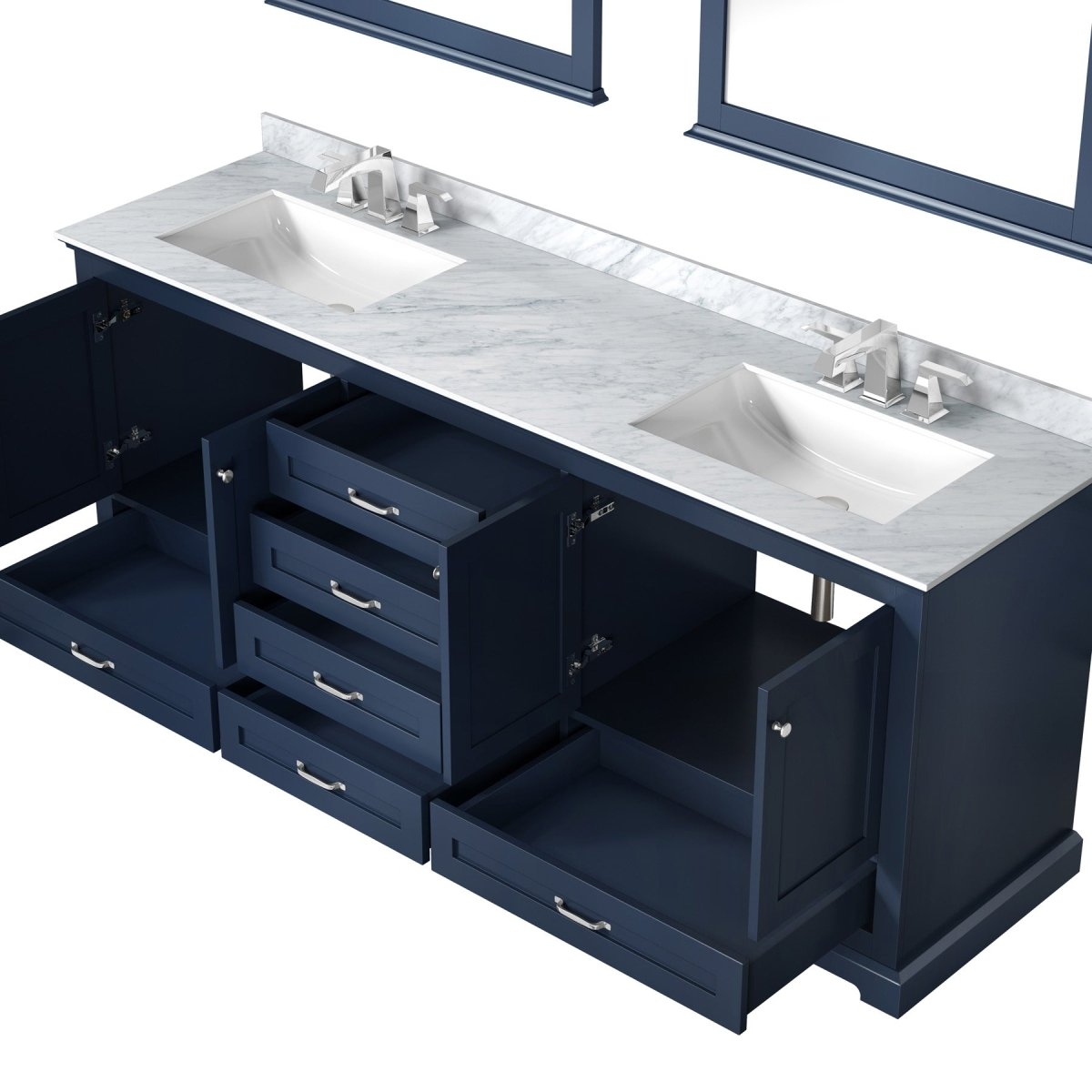 Dukes 80" Navy Blue Double Vanity, White Carrara Marble Top, White Square Sinks and 30" Mirrors - BUILDMYPLACE