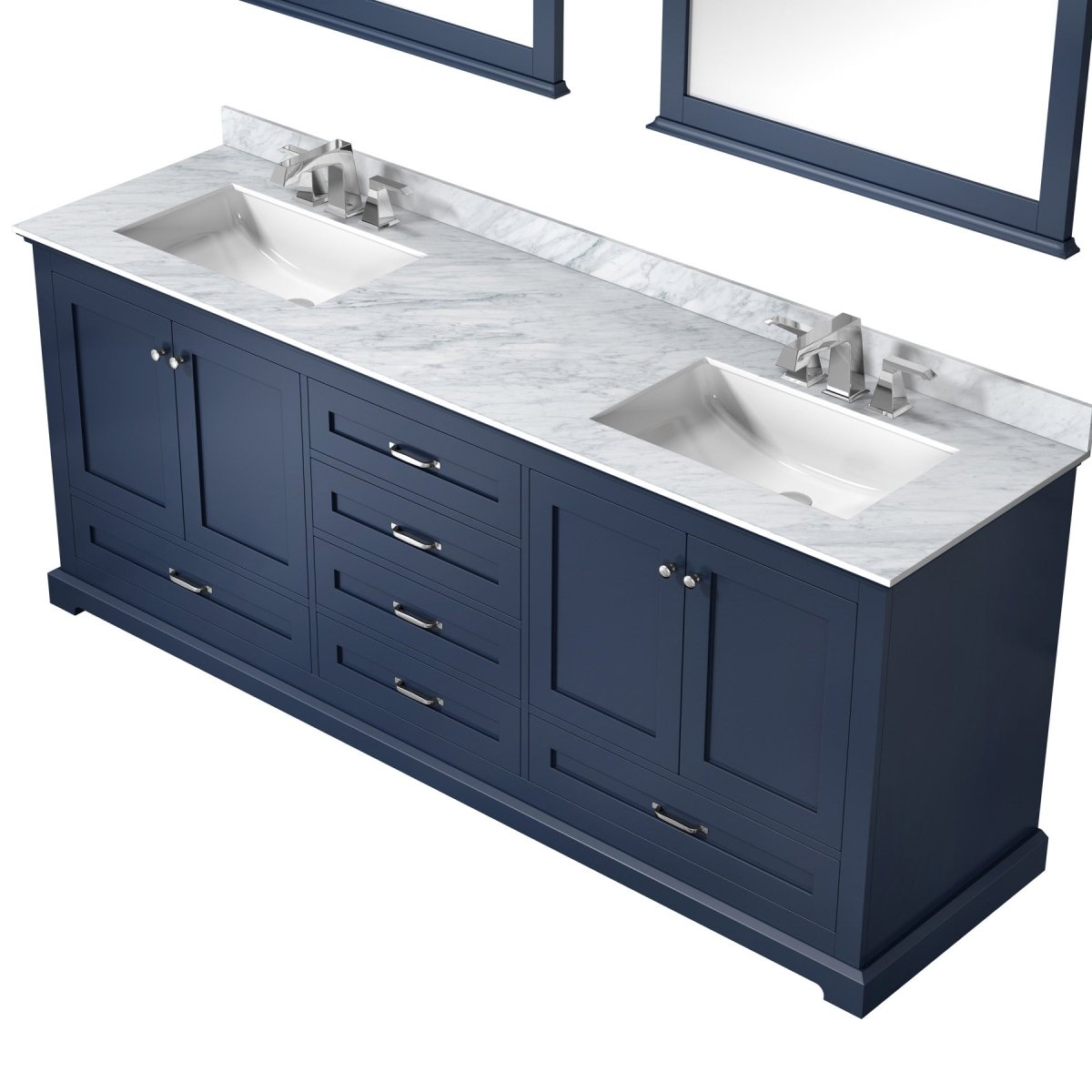 Dukes 80" Navy Blue Double Vanity, White Carrara Marble Top, White Square Sinks and 30" Mirrors - BUILDMYPLACE