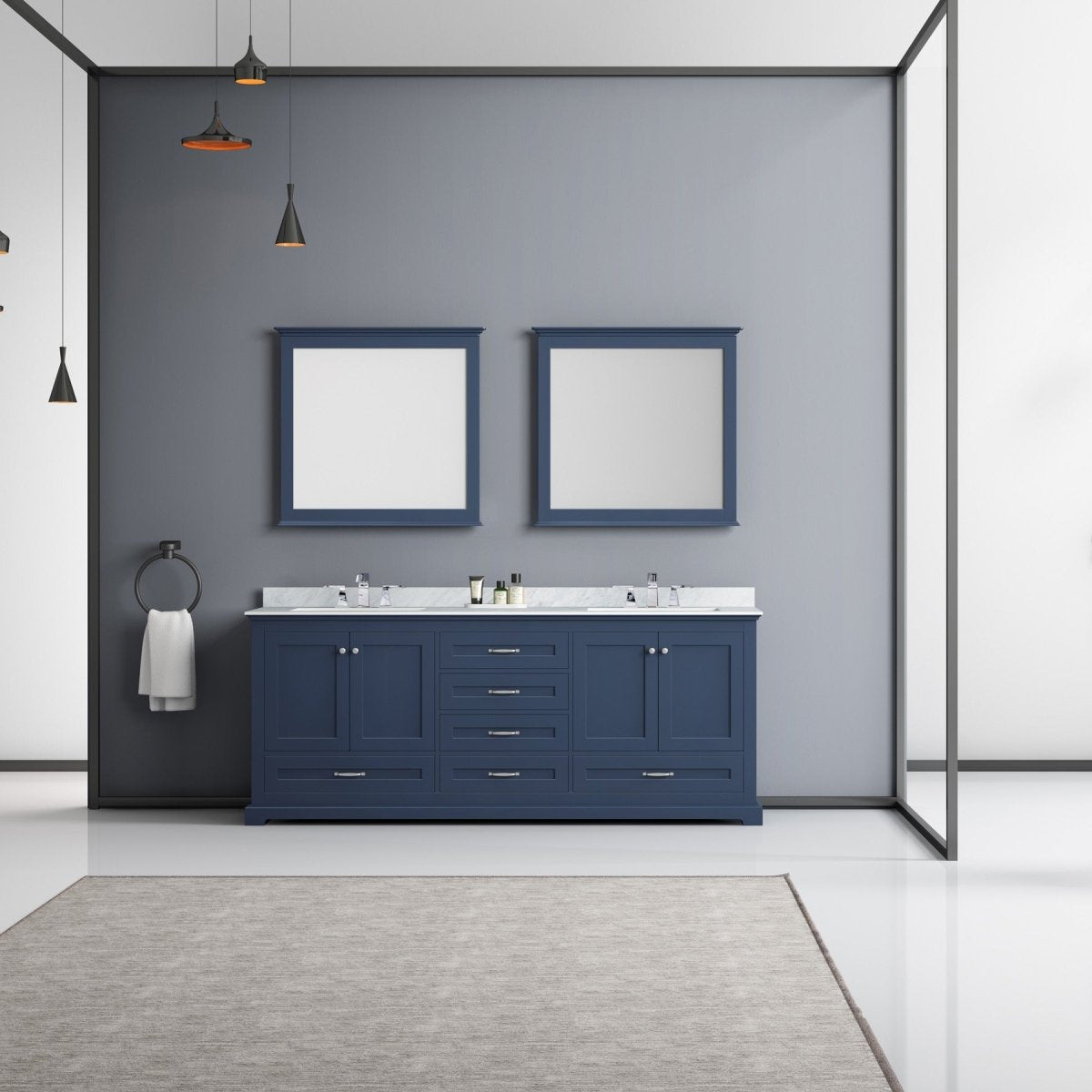 Dukes 80" Navy Blue Double Vanity, White Carrara Marble Top, White Square Sinks and 30" Mirrors - BUILDMYPLACE