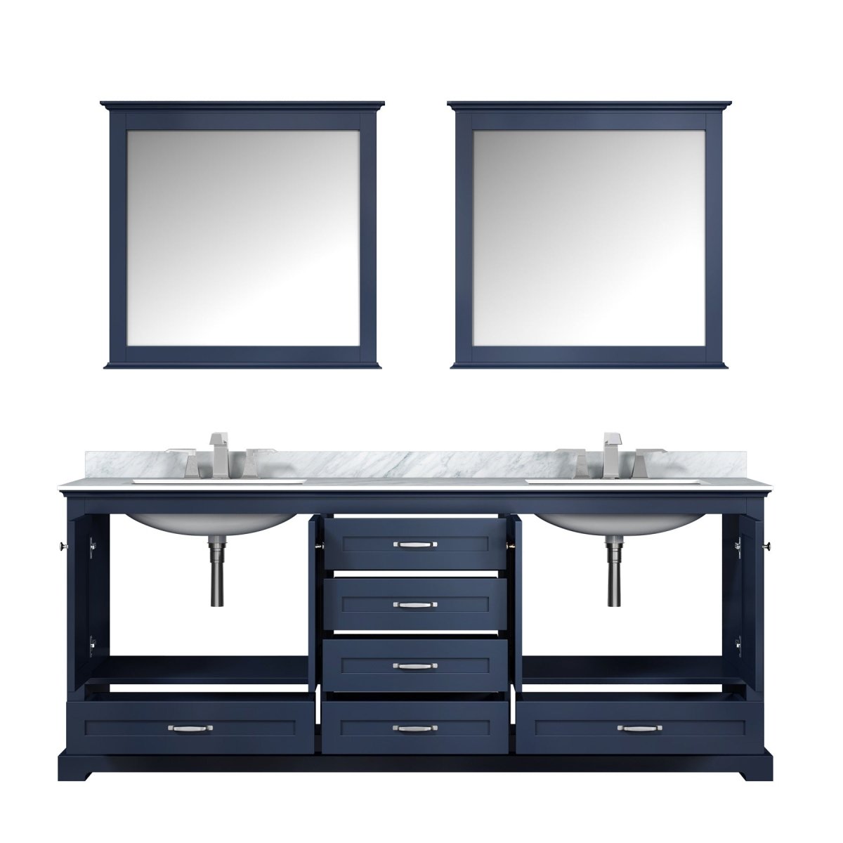 Dukes 80" Navy Blue Double Vanity, White Carrara Marble Top, White Square Sinks and 30" Mirrors - BUILDMYPLACE