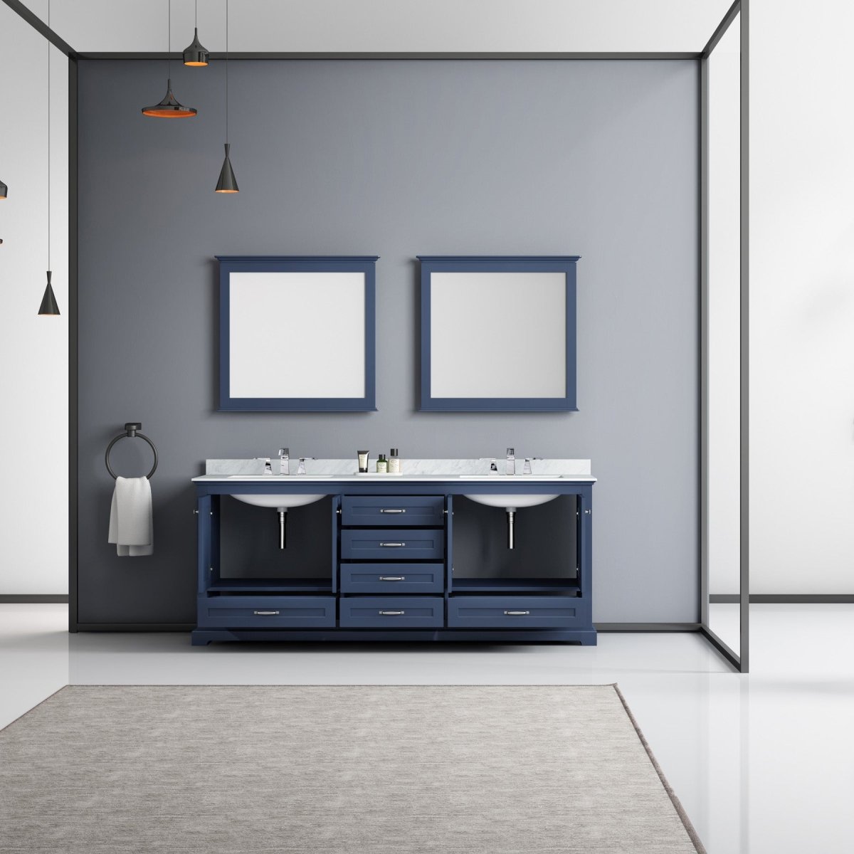 Dukes 80" Navy Blue Double Vanity, White Carrara Marble Top, White Square Sinks and 30" Mirrors - BUILDMYPLACE