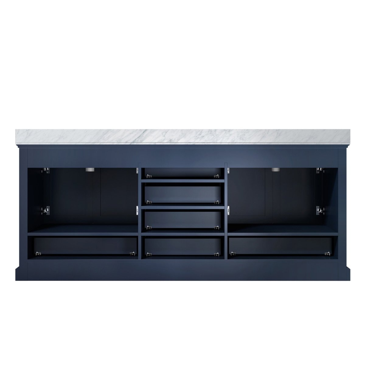Dukes 80" Navy Blue Double Vanity, White Carrara Marble Top, White Square Sinks and 30" Mirrors w/ Faucets - BUILDMYPLACE