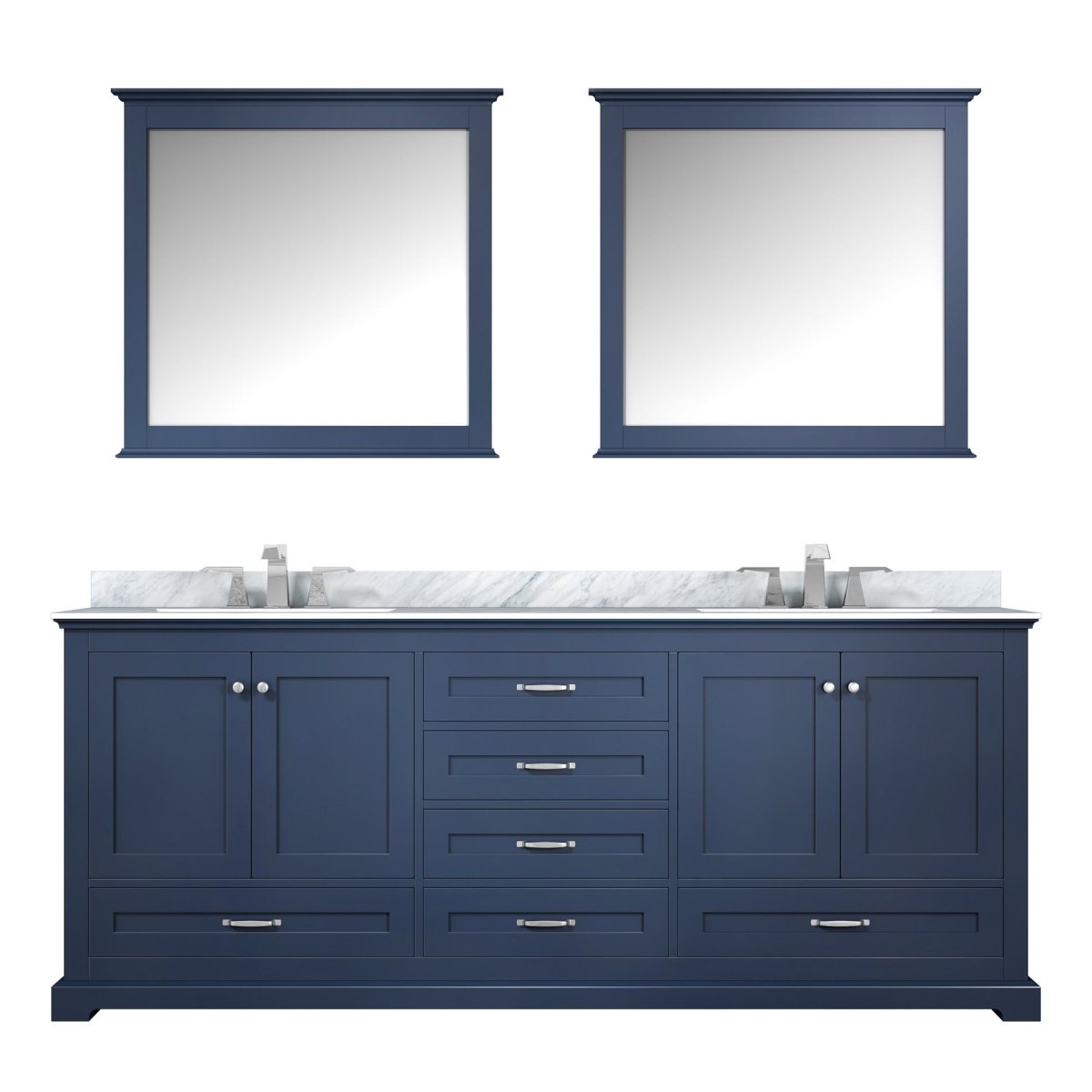 Dukes 80" Navy Blue Double Vanity, White Carrara Marble Top, White Square Sinks and 30" Mirrors w/ Faucets - BUILDMYPLACE
