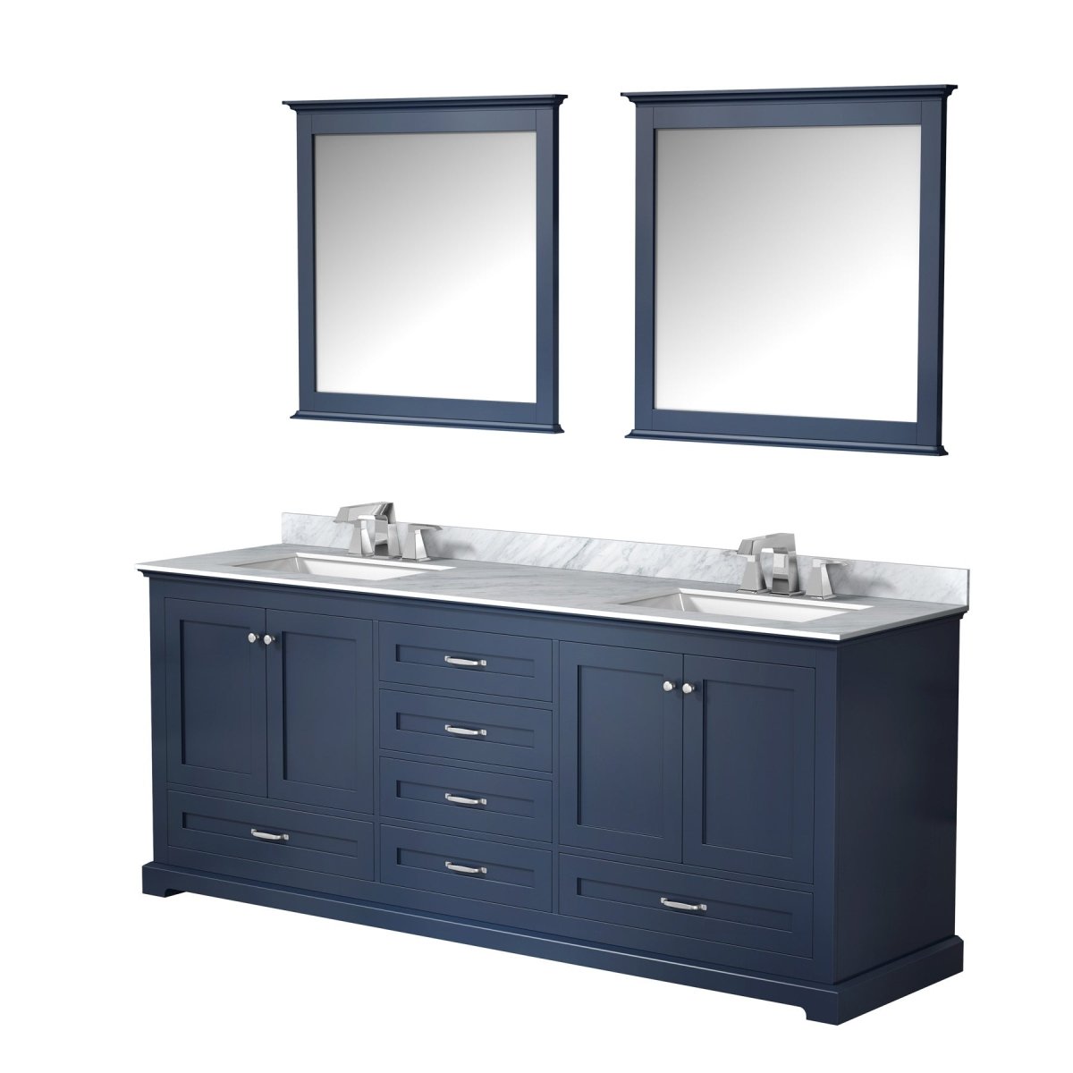 Dukes 80" Navy Blue Double Vanity, White Carrara Marble Top, White Square Sinks and 30" Mirrors w/ Faucets - BUILDMYPLACE