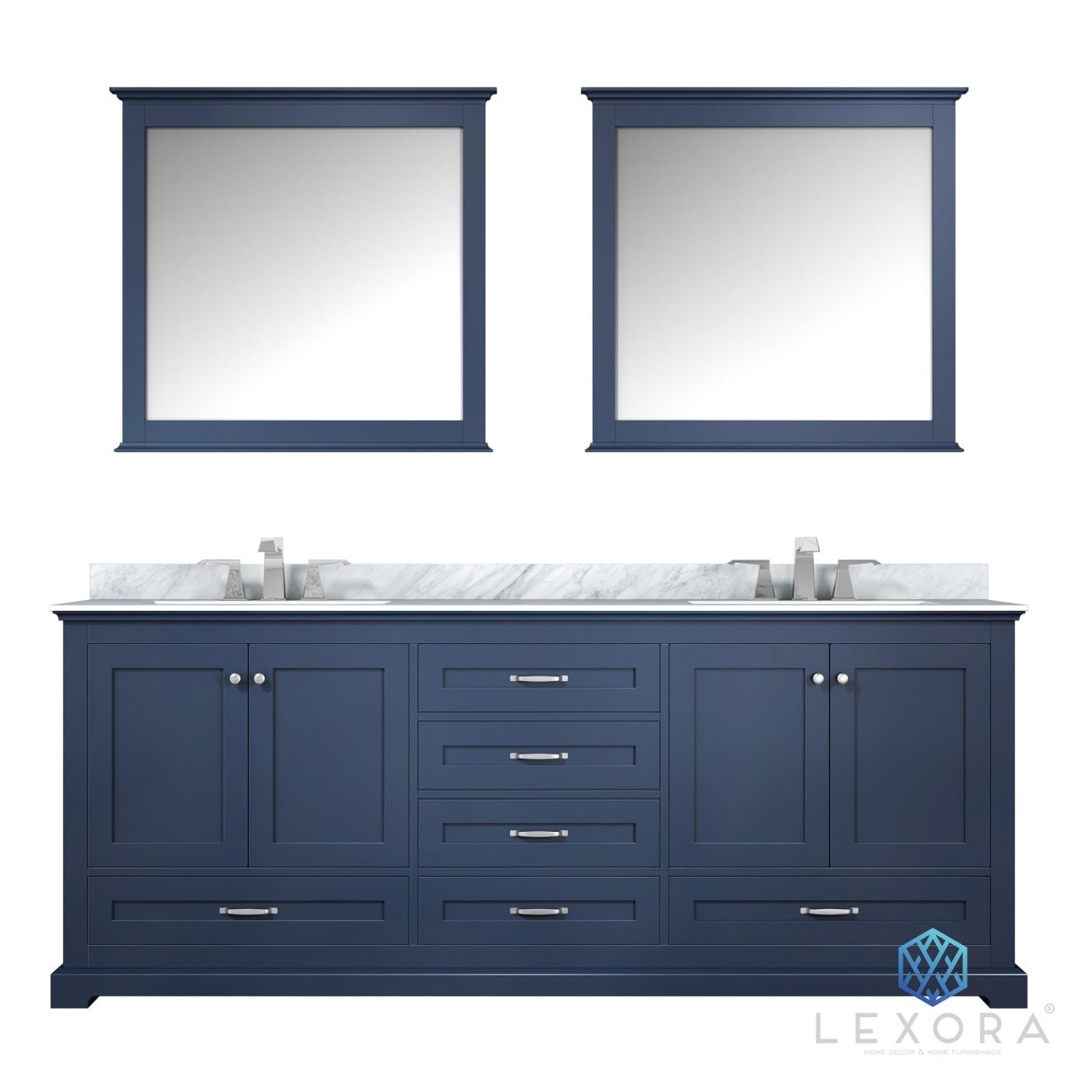 Dukes 80" Navy Blue Double Vanity, White Carrara Marble Top, White Square Sinks and 30" Mirrors w/ Faucets - BUILDMYPLACE