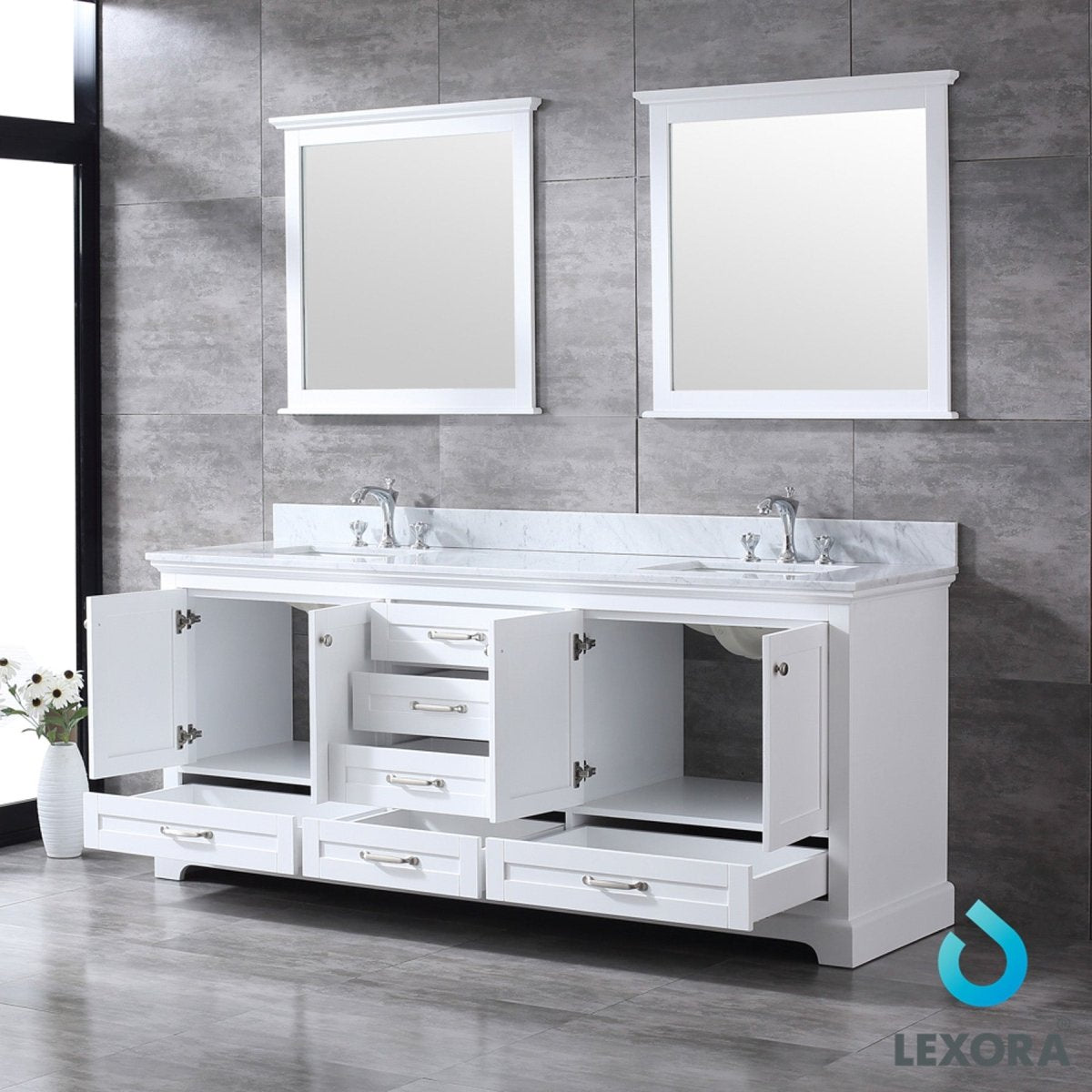 Dukes 80" White Double Vanity, White Carrara Marble Top, White Square Sinks and 30" Mirrors w/ Faucets - BUILDMYPLACE